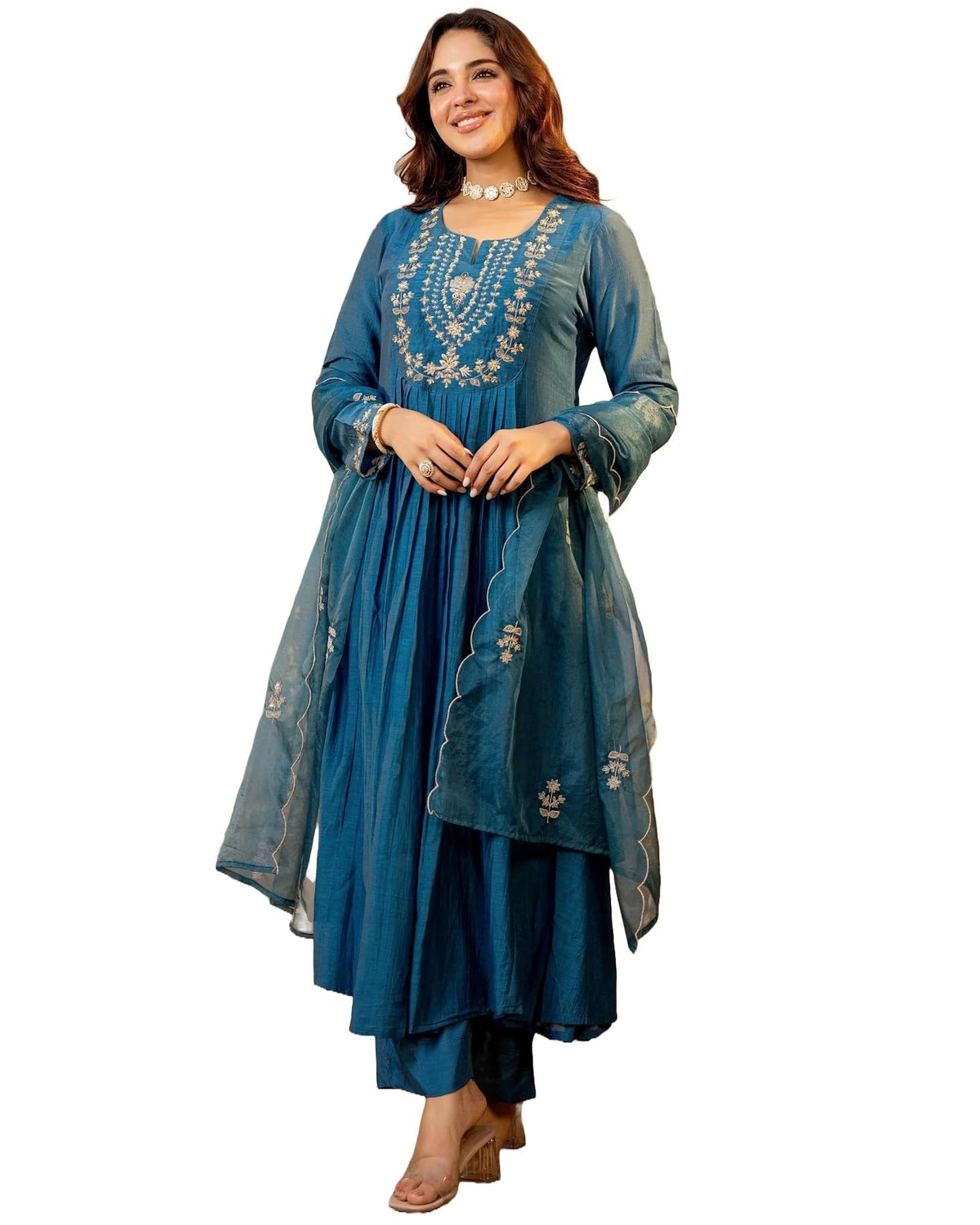 Nermosa Women Embroidery Solid A-Line Kurta and Pant Set with Dupatta (IN, Alpha, XL, Morepeach)