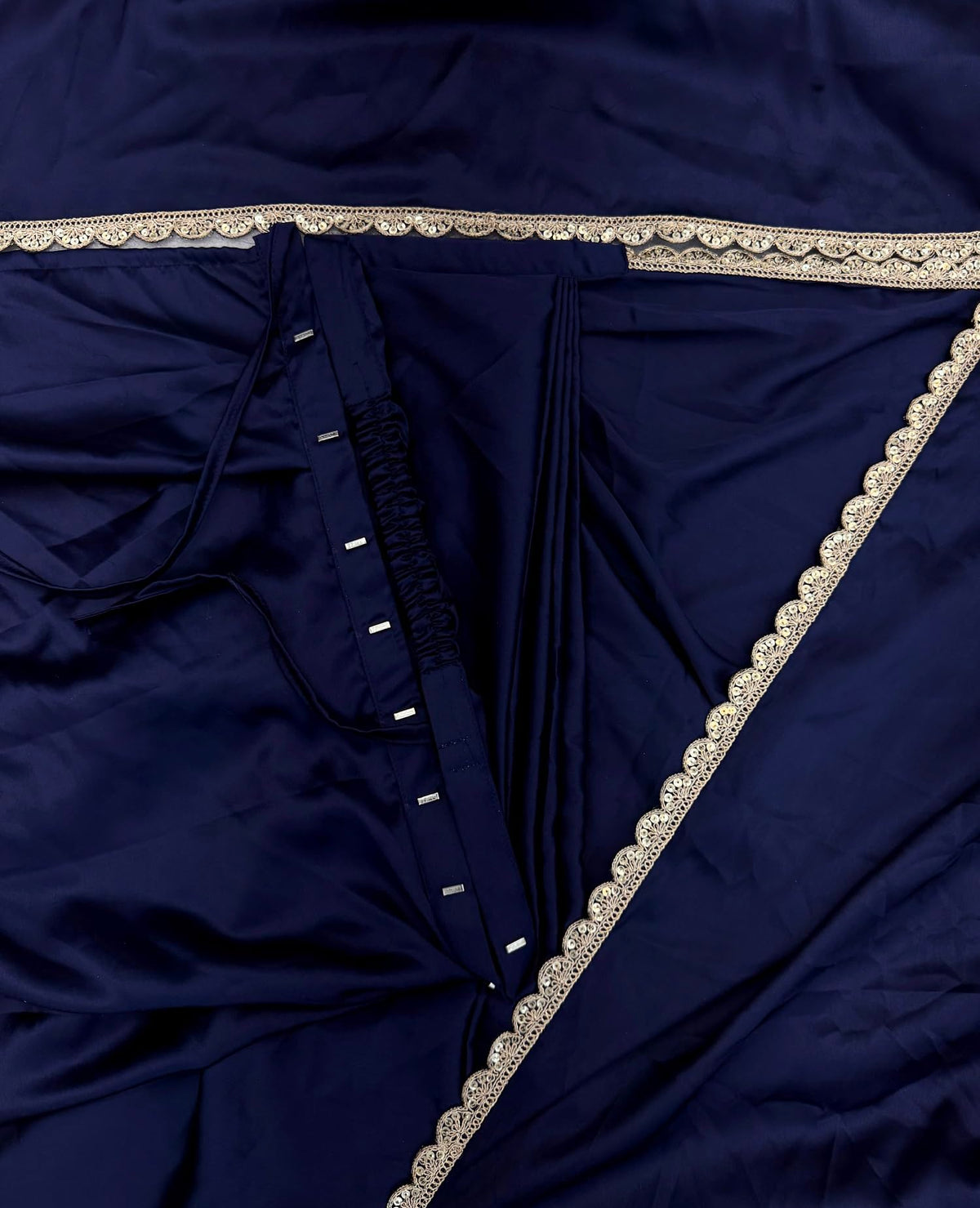 SATAZ Ready To Wear Saree For Women Pre Pleated Satin Silk Readymade With Unstitched Blouse (Navy Blue)