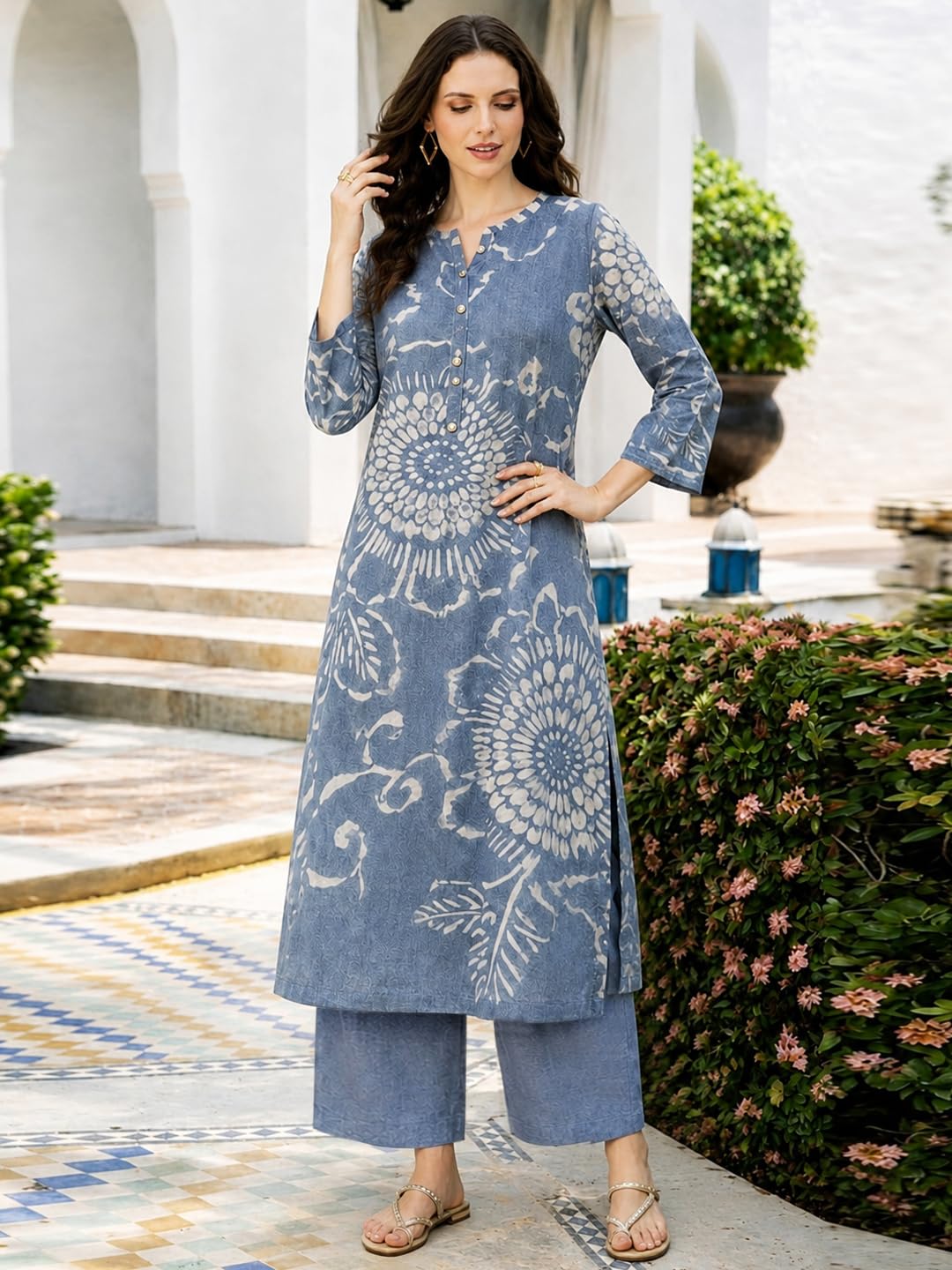 ANNI Designer Women's Cotton Blend A-Line Printed Kurta with Palazzo (Himaja Blue_XL_Blue_X-Large)