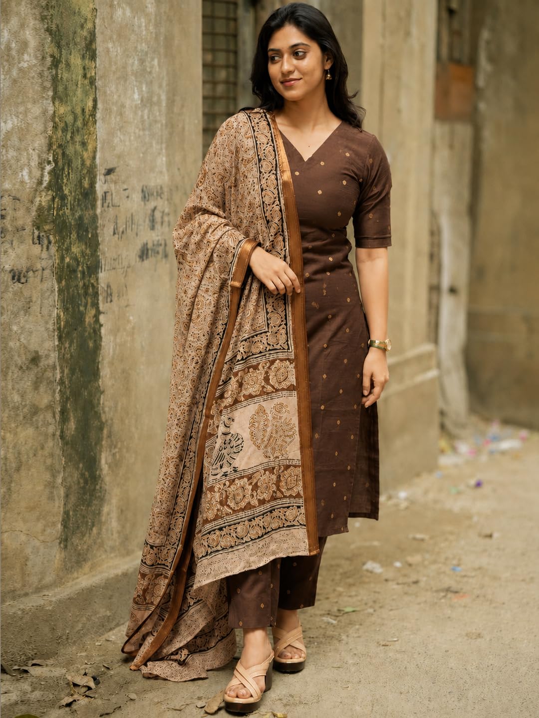 GoSriKi Women's Rayon Viscose Straight Printed Kurta with Pant & Dupatta (AHANKAR BROWN-GS-FBA_M_Brown_Medium)