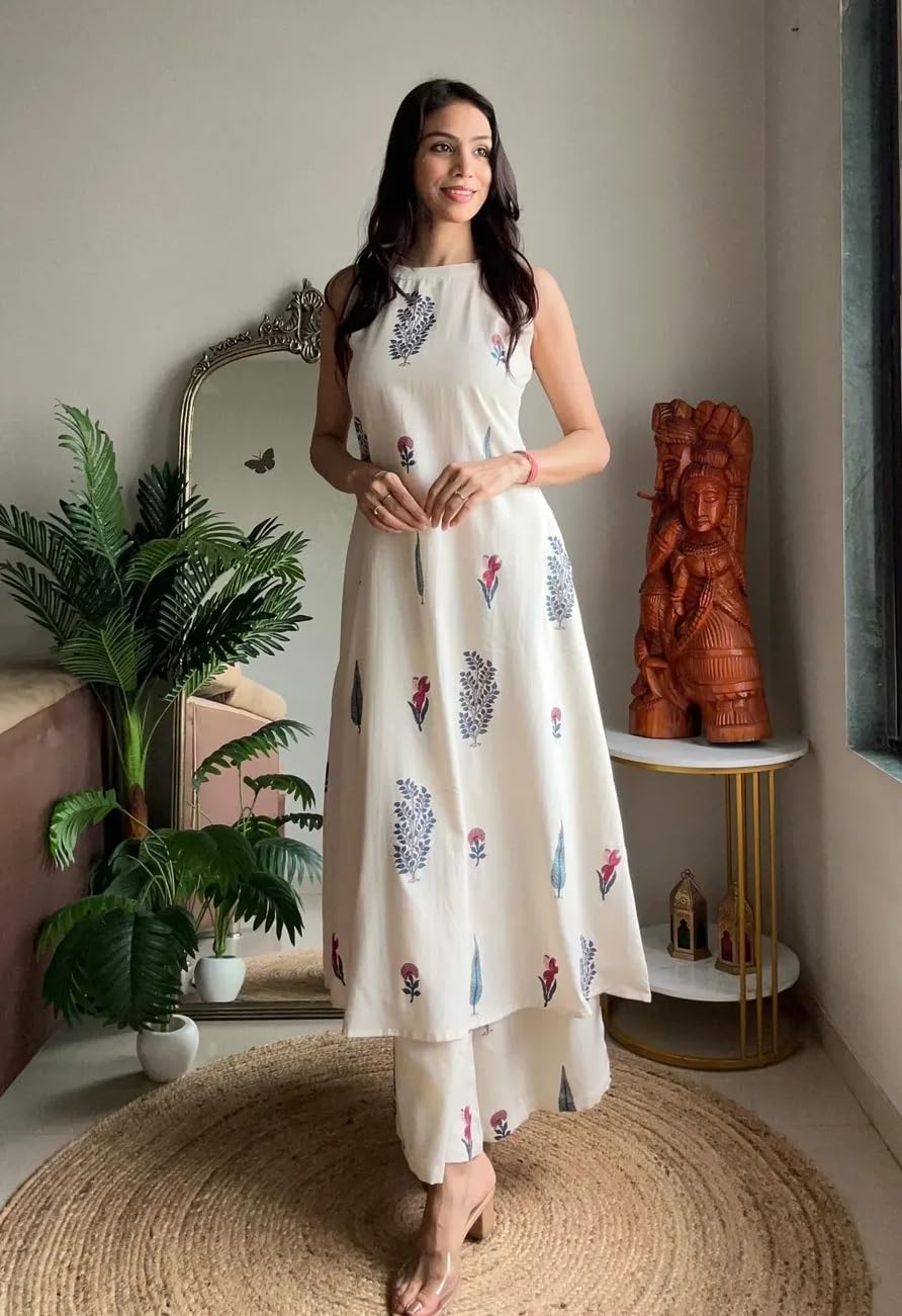 Klosia Women Pure Cotton Kurta Palazzo Set | Sleeveless Printed Kurta with Palazzo Pants | Summer Friendly, Office Wear Co-Ord Set White