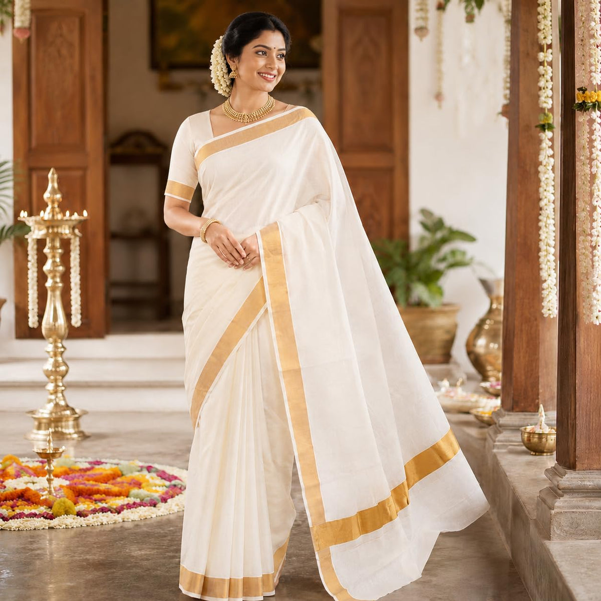 Fashily Women’s Kerala Off white cotton saree with running blouse| Onam & Vishu Saree (Gold Border)