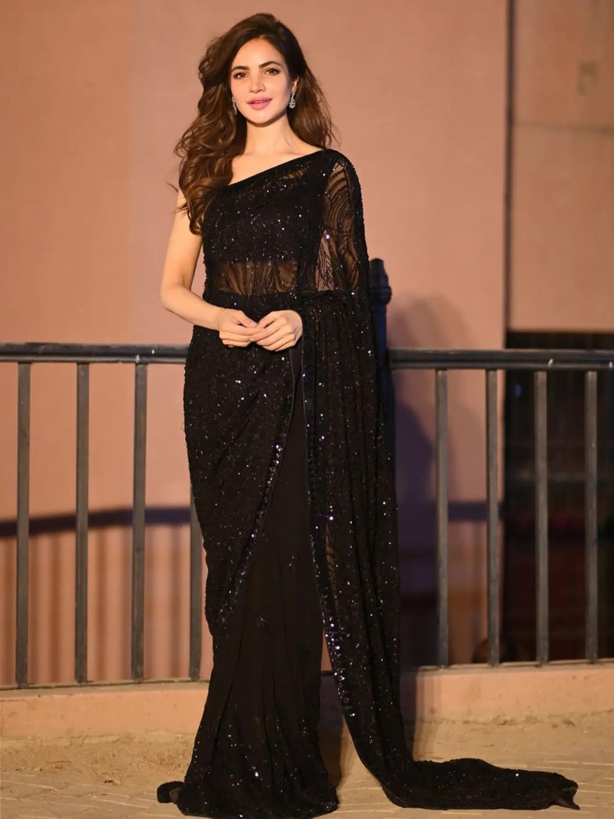 AKHILAM Women's Black Heavy Georgette Sequence Work Saree With Unstitched Blouse Piece