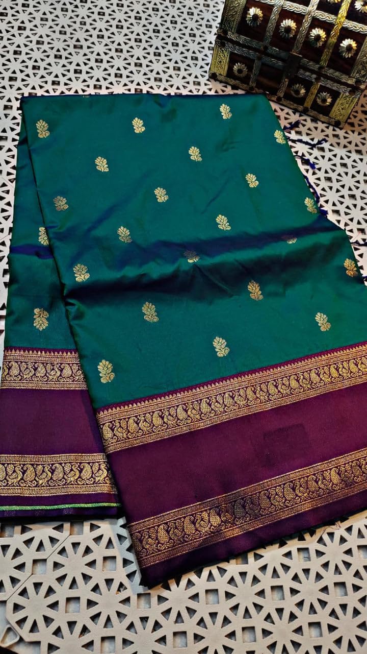 SWORNOF Women's Banarasi silk Saree With Unstitched Blouse Piece (GREEN)
