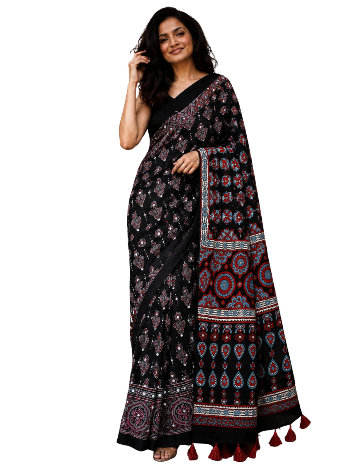 Kryone Collection Ajrakh Modal Silk Saree for Women | Mirror Work Black Saree | Gajji Silk Red Pallu Tassels | Designer Sarees for Women Party | Ajrakh Print Saree | Modal Silk Sarees Original