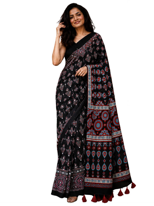 Kryone Collection Ajrakh Modal Silk Saree for Women | Mirror Work Black Saree | Gajji Silk Red Pallu Tassels | Designer Sarees for Women Party | Ajrakh Print Saree | Modal Silk Sarees Original