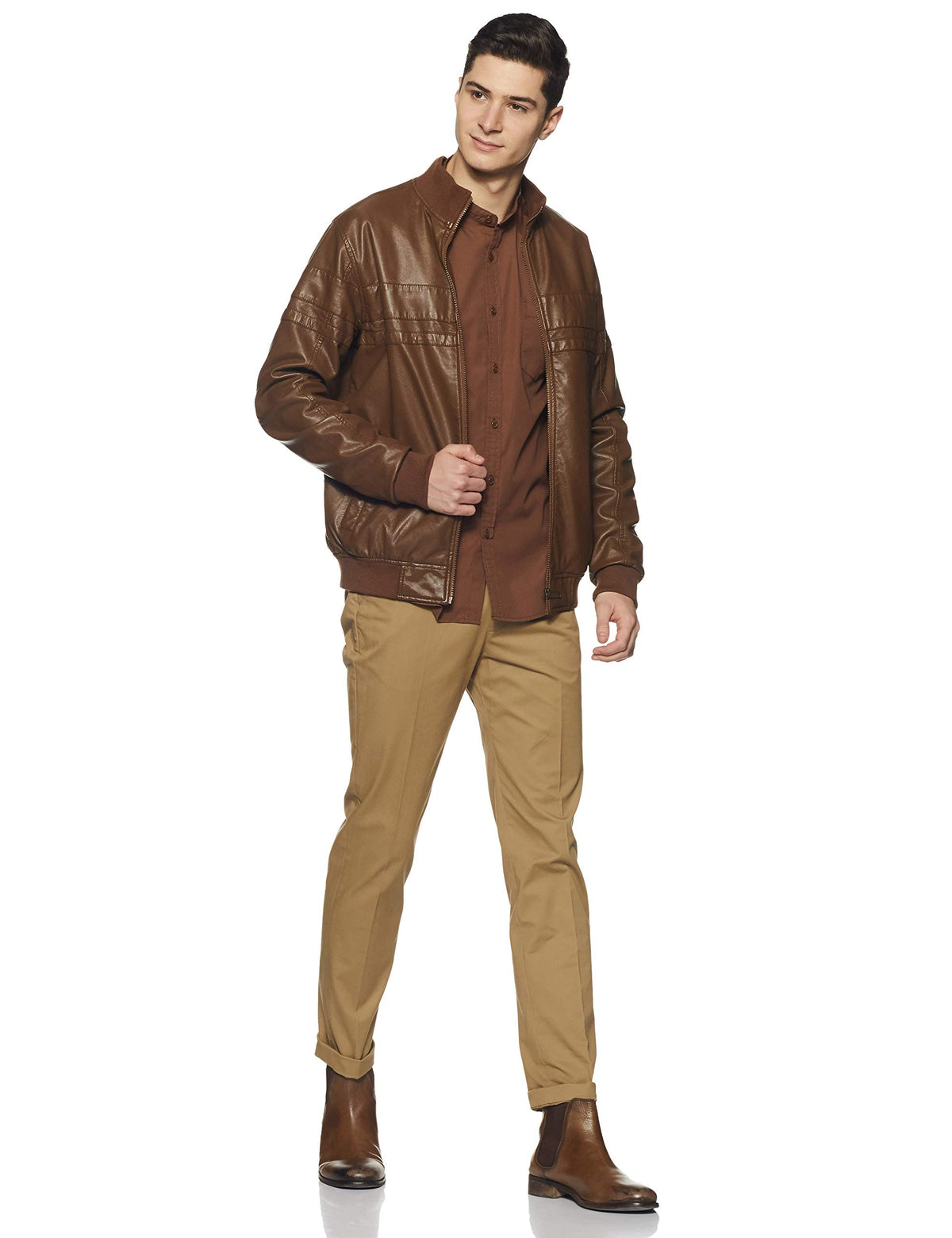Amazon Brand - Symbol Men's Cotton Shirt | Chinese Collar | Casual | Plain | Full Sleeve | Summer - Regular Fit (Available In Plus Size, Brown_M)