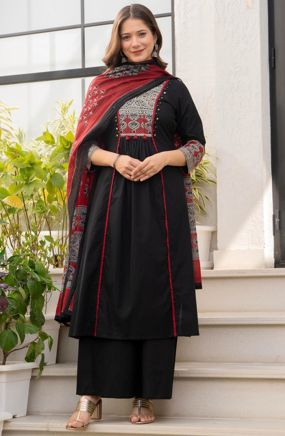 Amayra Women's Pure Cotton A-Line Kurta Set with Palazzo Pants & Dupatta|Ethnic wear|Kurti Suit Set for Women(TCK728,Black,XL)