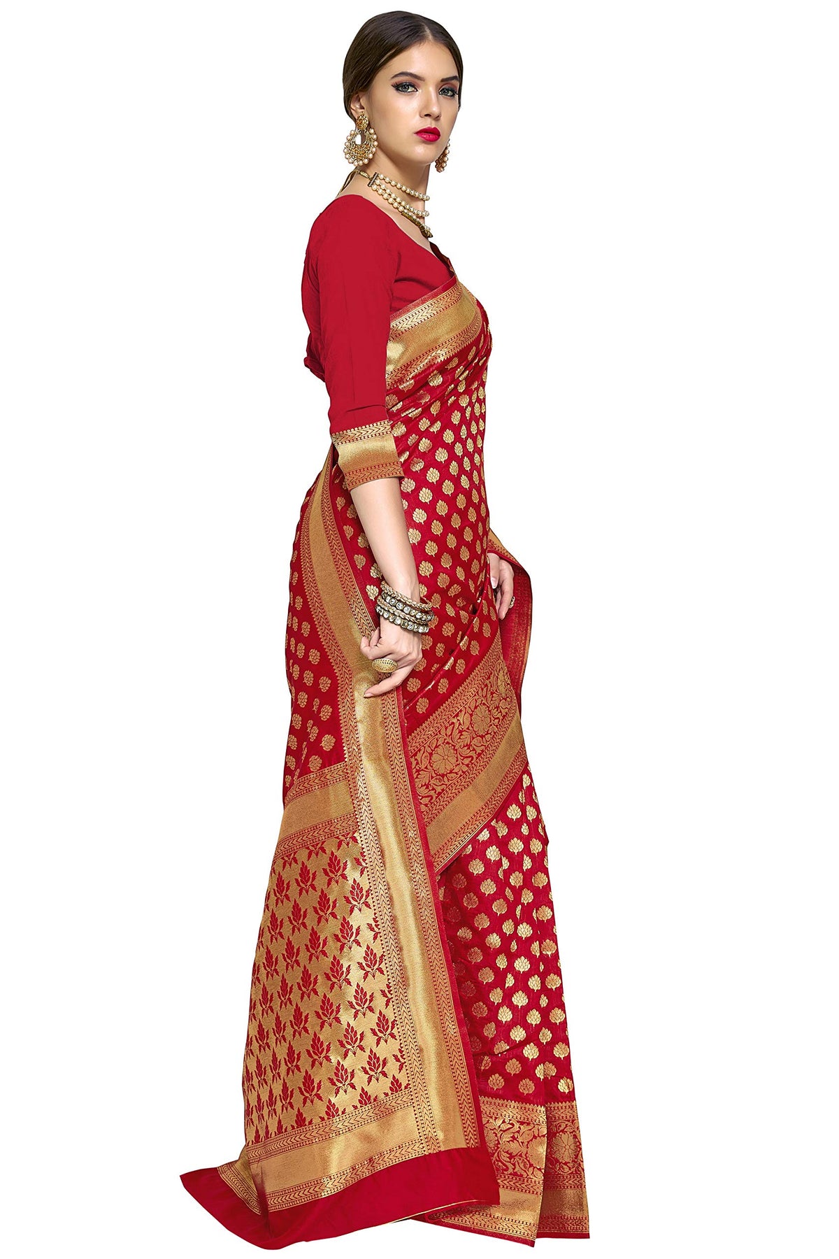 Glory Sarees Women's Woven Pure Soft Kanjivaram Silk Saree Banarasi Style With Blouse Piece for Wedding (kara115red_Red)