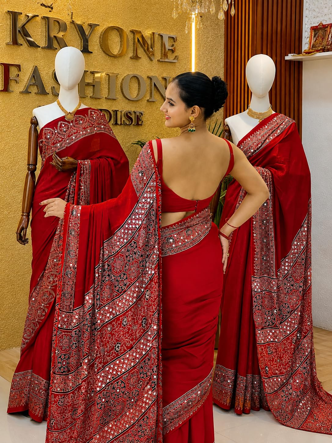 Kryone Collection Ajrakh Modal Silk Saree for Women | Mirror Work Red Saree | Gajji Silk Black Pallu Tassels | Designer Sarees for Women Party | Ajrakh Print Saree | Modal Silk Sarees Original