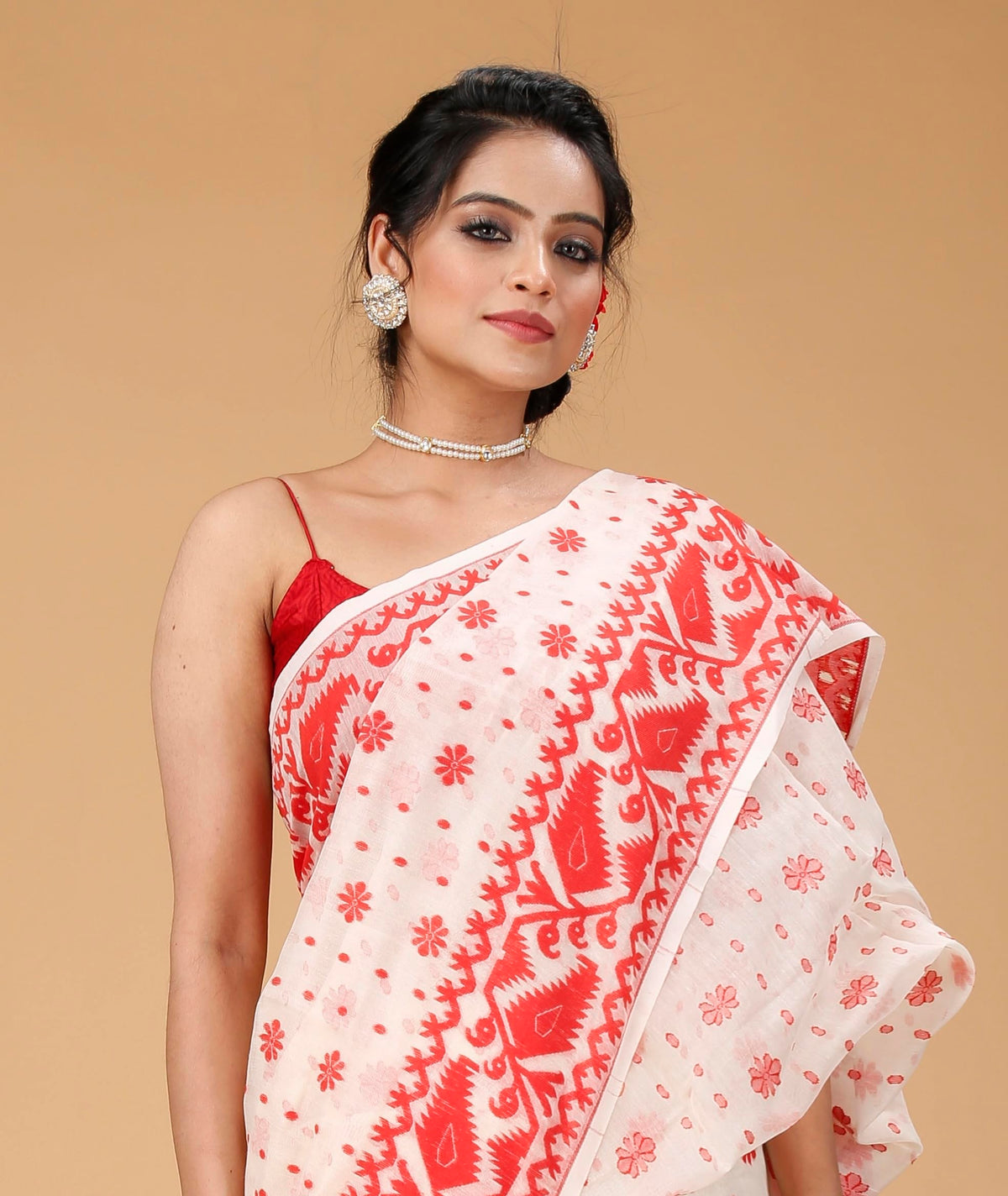 OISHANI SAREE GHOR Women's Traditional Bengal Cotton Silk Soft Jamdani Saree - Beautiful design and Quality - Without Blouse Piece (White & Red)