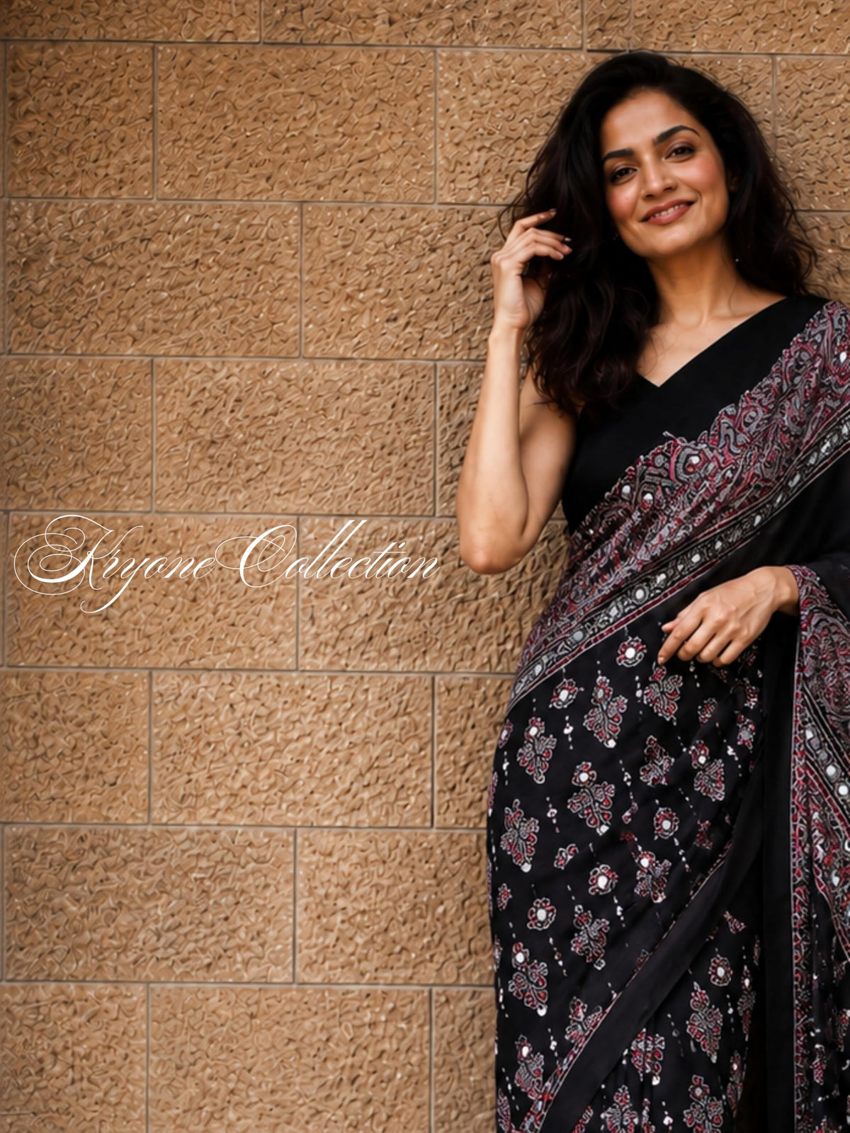 Kryone Collection Ajrakh Modal Silk Saree for Women | Mirror Work Black Saree | Gajji Silk Red Pallu Tassels | Designer Sarees for Women Party | Ajrakh Print Saree | Modal Silk Sarees Original