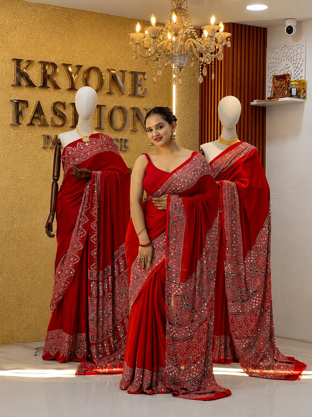 Kryone Collection Ajrakh Modal Silk Saree for Women | Mirror Work Red Saree | Gajji Silk Black Pallu Tassels | Designer Sarees for Women Party | Ajrakh Print Saree | Modal Silk Sarees Original