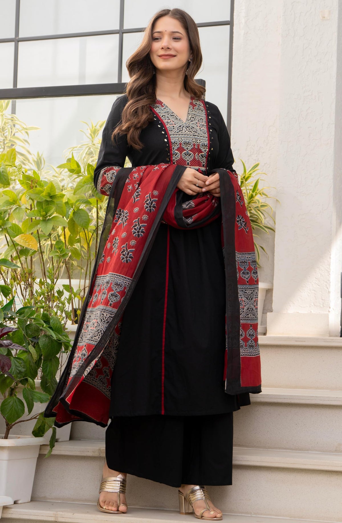 Amayra Women's Pure Cotton A-Line Kurta Set with Palazzo Pants & Dupatta|Ethnic wear|Kurti Suit Set for Women(TCK728,Black,XL)