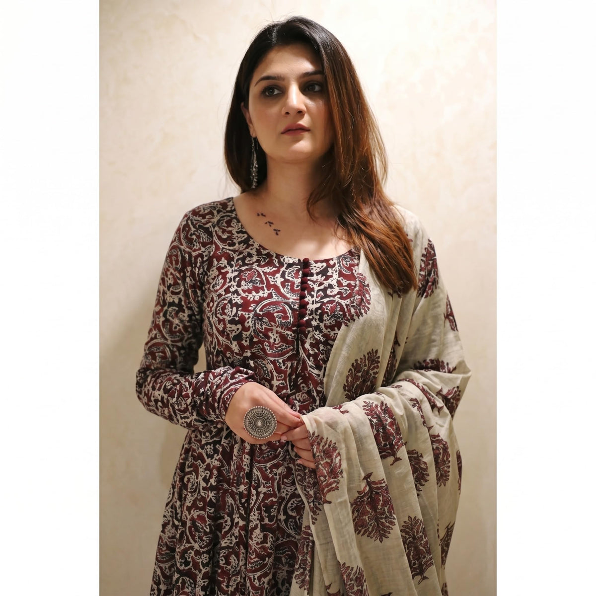 Nermosa Women Printed Anarkali Kurta and Pant Set with Dupatta | Printed Kurta Set | Cotton Suit | Women Kurta Sets | (IN, Alpha, 2XL, Regular, Standard, Maroon)