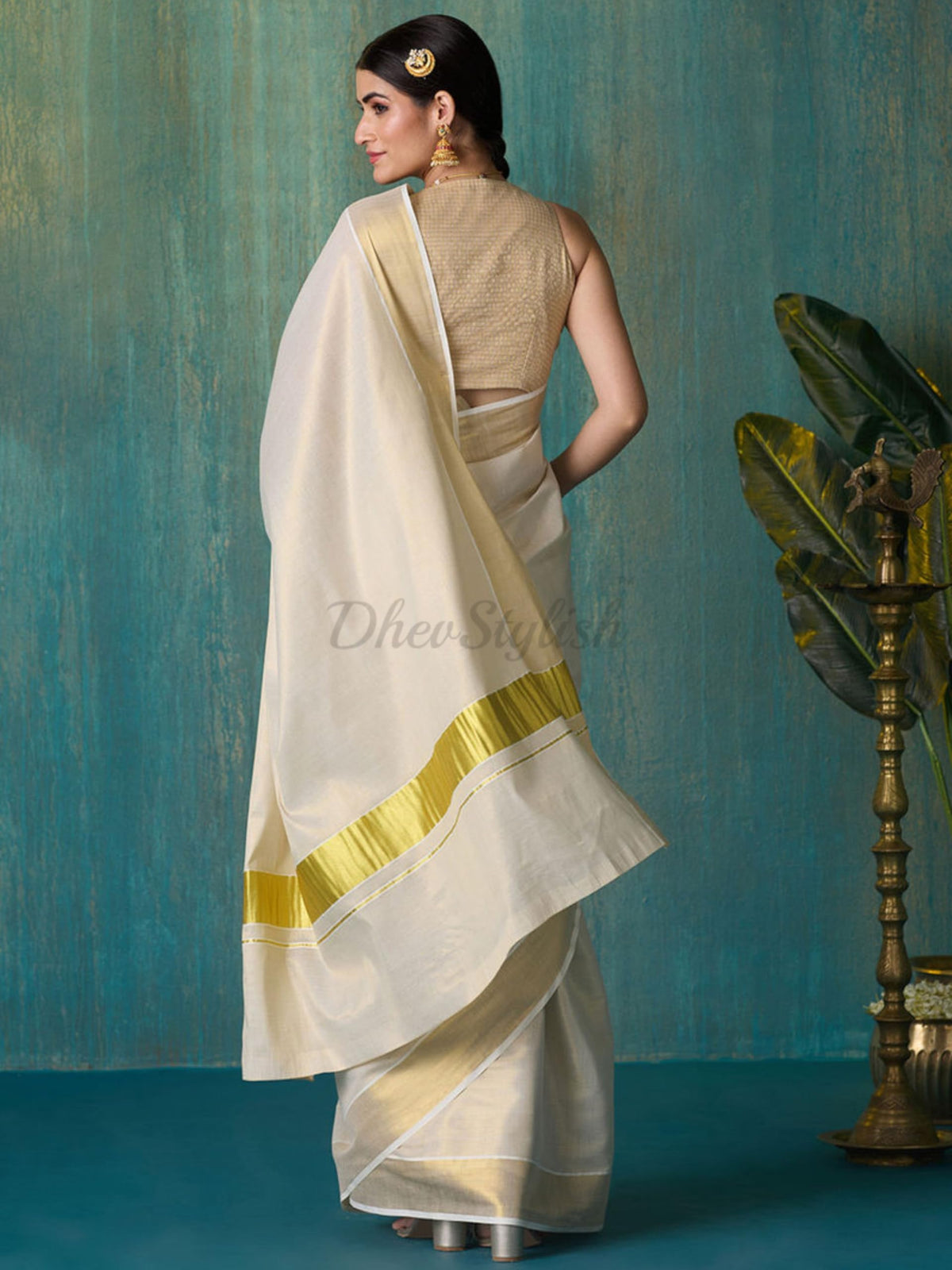 DhevStylish Women's Kerala Kasavu Golden Tissue Plain Saree with Running Blouse | South Indian Saree
