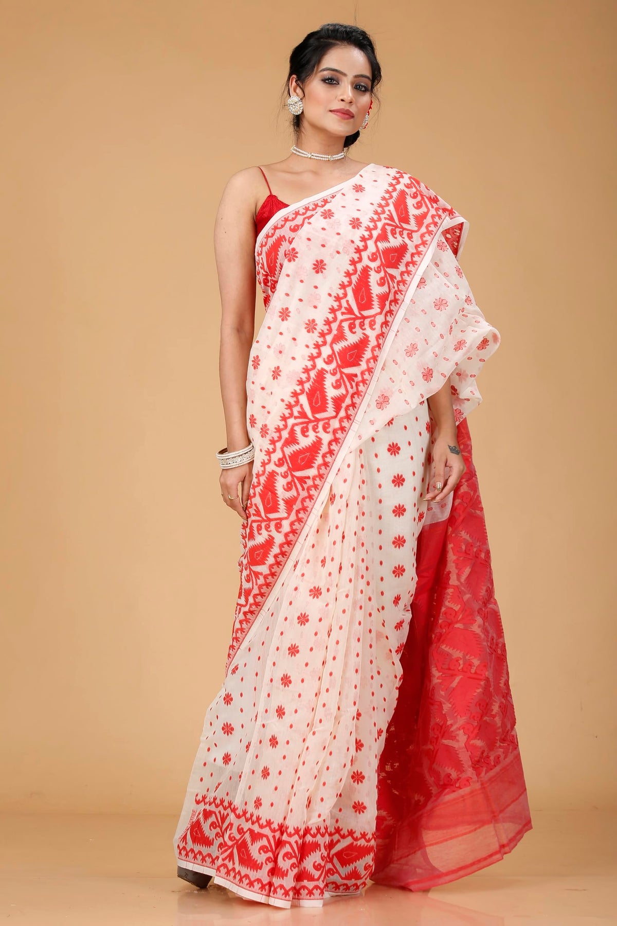 OISHANI SAREE GHOR Women's Traditional Bengal Cotton Silk Soft Jamdani Saree - Beautiful design and Quality - Without Blouse Piece (White & Red)