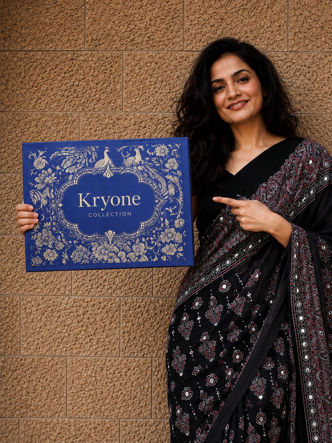 Kryone Collection Ajrakh Modal Silk Saree for Women | Mirror Work Black Saree | Gajji Silk Red Pallu Tassels | Designer Sarees for Women Party | Ajrakh Print Saree | Modal Silk Sarees Original