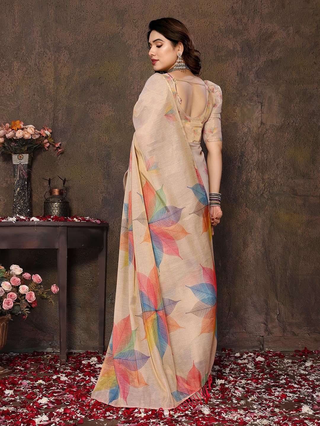 Yashika Women's Floral Digital Print Chandheri Saree with Unstitched Blouse Material_AZ-YS-P1-SASIKALA WHITE