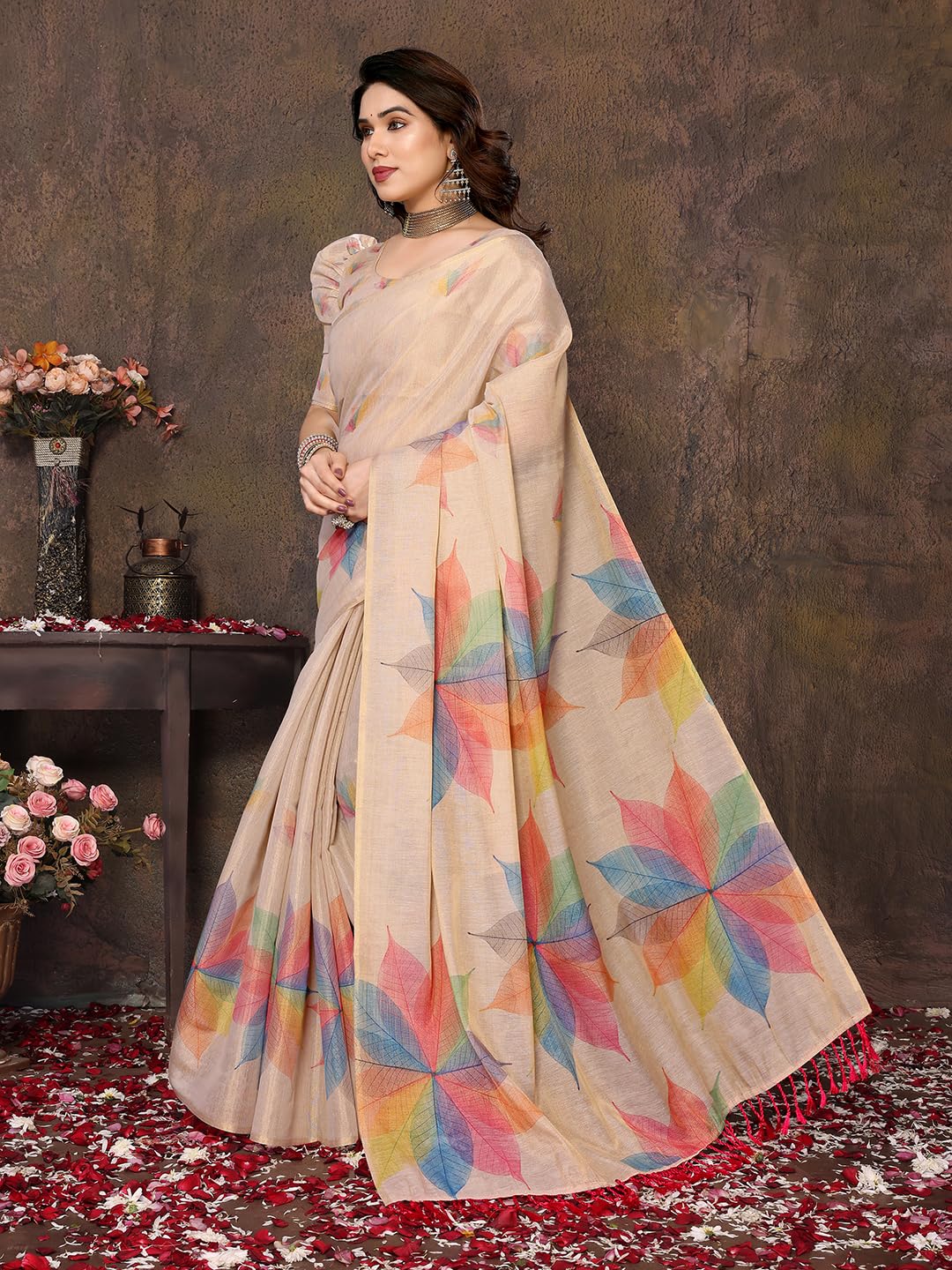 Yashika Women's Floral Digital Print Chandheri Saree with Unstitched Blouse Material_AZ-YS-P1-SASIKALA WHITE