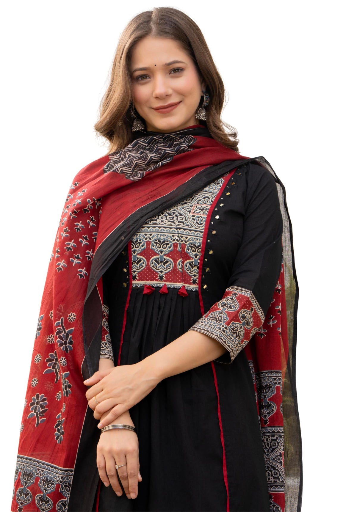 Amayra Women's Pure Cotton A-Line Kurta Set with Palazzo Pants & Dupatta|Ethnic wear|Kurti Suit Set for Women(TCK728,Black,XL)