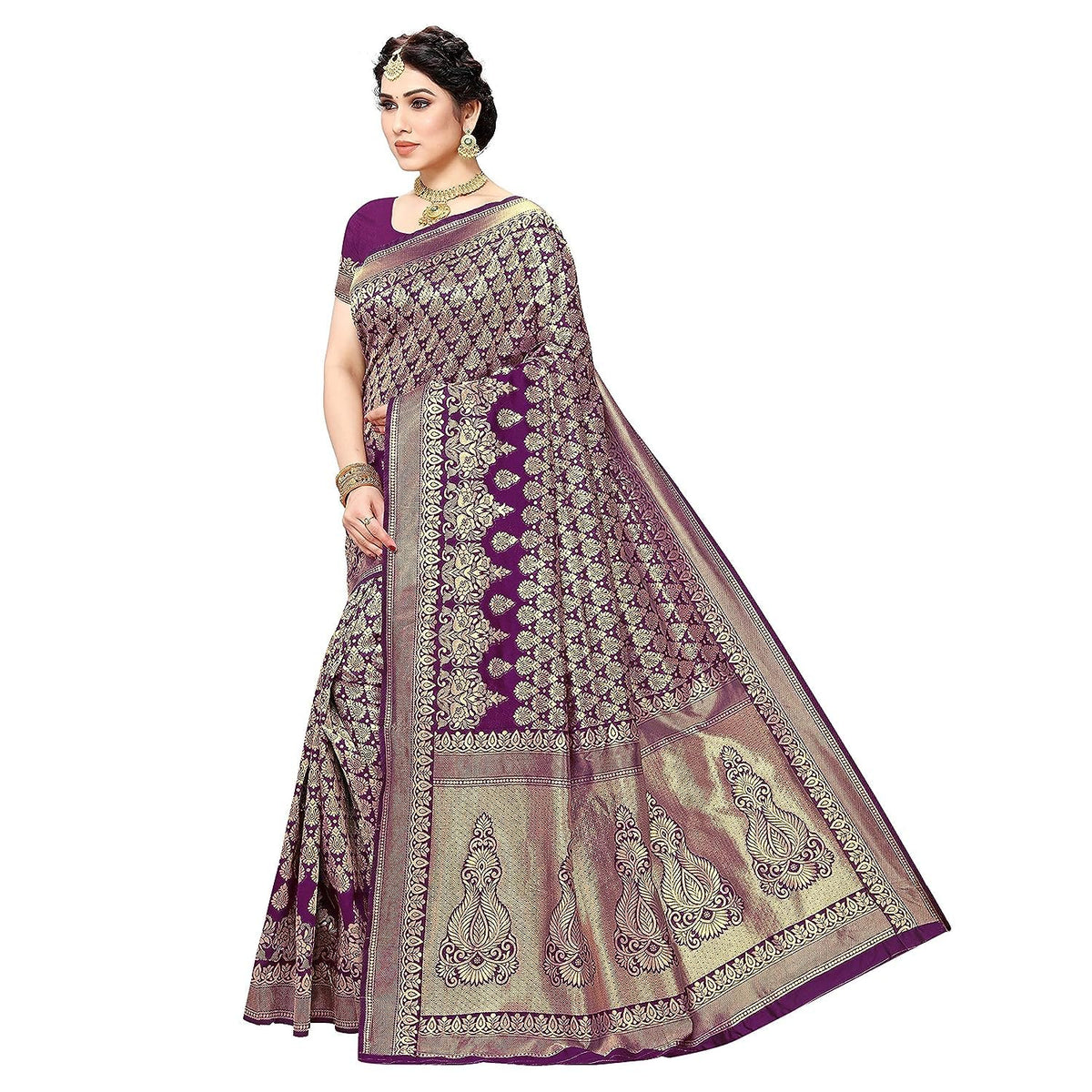 Yashika Women's Trendy Banarasi Kanjivaram Purple Color Art Silk Saree with Blouse Material (MALIYA PURPLE)