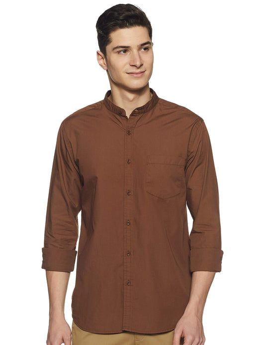 Amazon Brand - Symbol Men's Cotton Shirt | Chinese Collar | Casual | Plain | Full Sleeve | Summer - Regular Fit (Available In Plus Size, Brown_M)