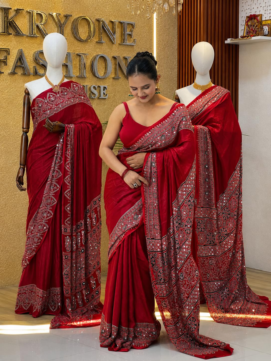 Kryone Collection Ajrakh Modal Silk Saree for Women | Mirror Work Red Saree | Gajji Silk Black Pallu Tassels | Designer Sarees for Women Party | Ajrakh Print Saree | Modal Silk Sarees Original