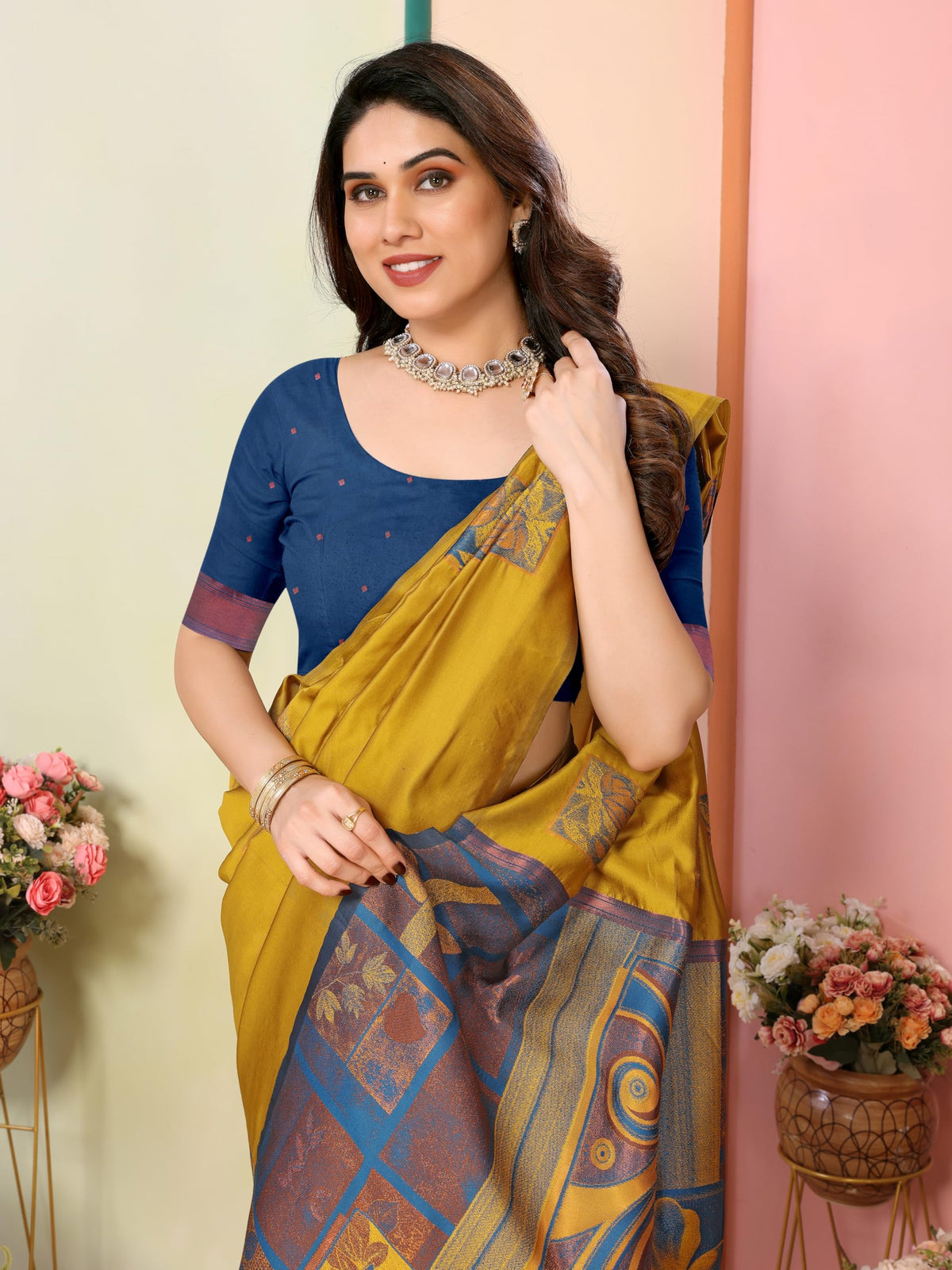 Sidhidata Women's Kanjivaram Banarasi Soft Silk Saree With Unstitched Blouse Piece (Silk Box Flower Mustard_Mustard_Free Size)