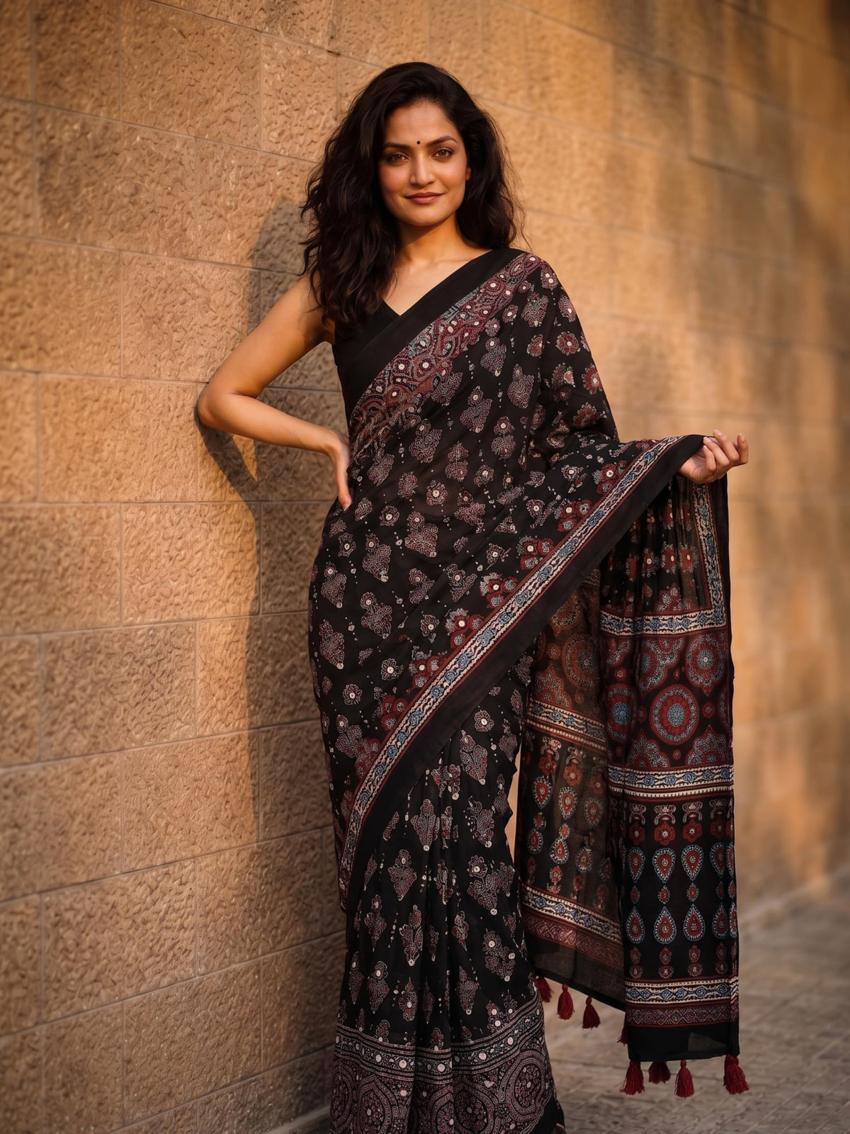 Kryone Collection Ajrakh Modal Silk Saree for Women | Mirror Work Black Saree | Gajji Silk Red Pallu Tassels | Designer Sarees for Women Party | Ajrakh Print Saree | Modal Silk Sarees Original