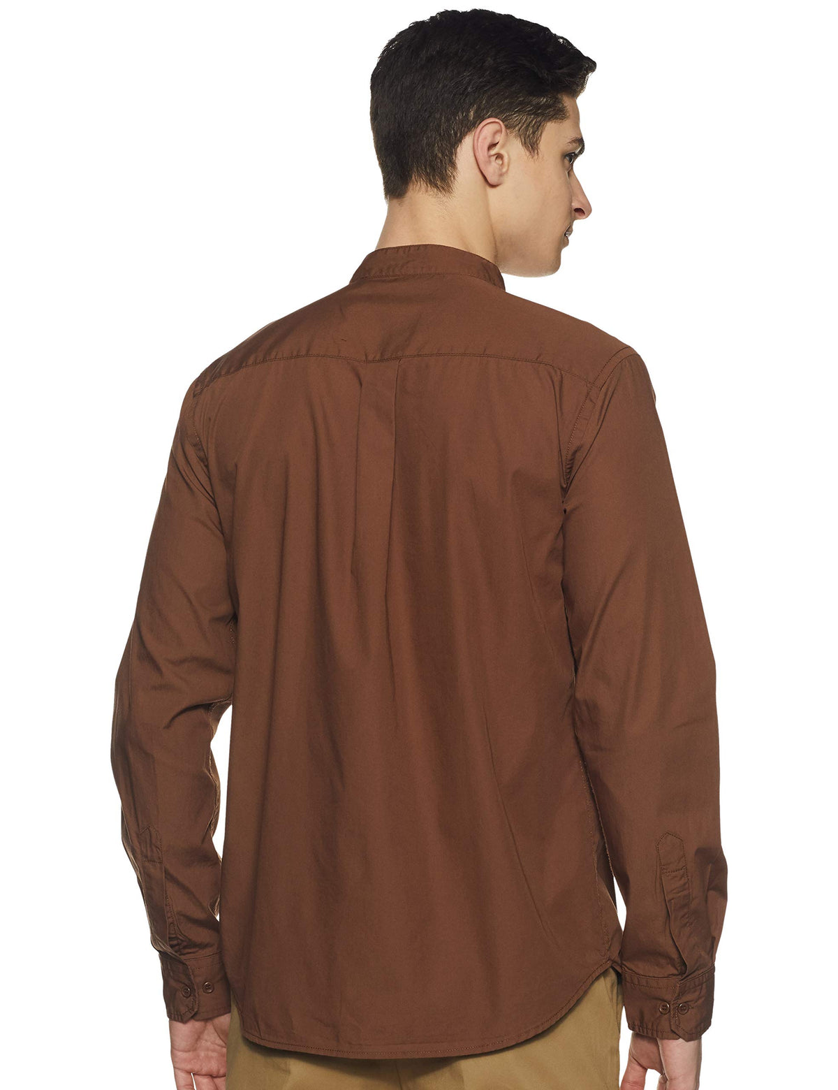 Amazon Brand - Symbol Men's Cotton Shirt | Chinese Collar | Casual | Plain | Full Sleeve | Summer - Regular Fit (Available In Plus Size, Brown_M)