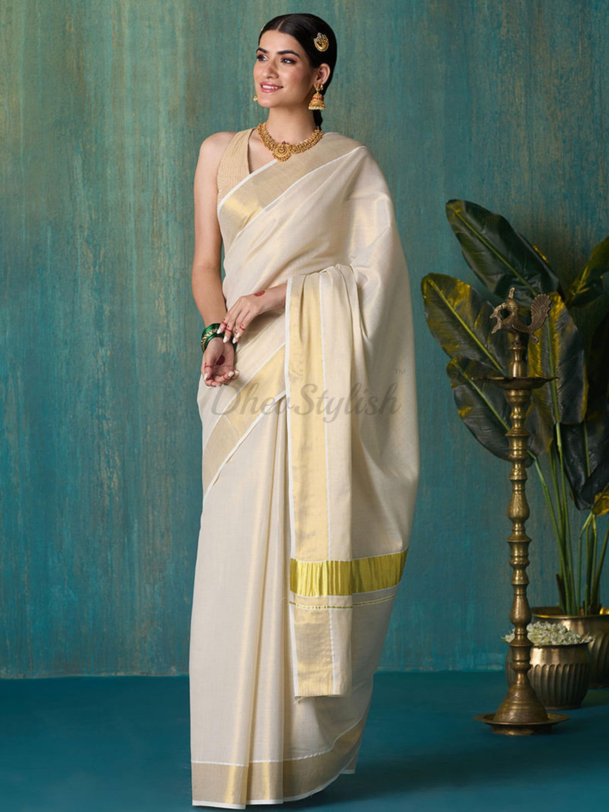 DhevStylish Women's Kerala Kasavu Golden Tissue Plain Saree with Running Blouse | South Indian Saree