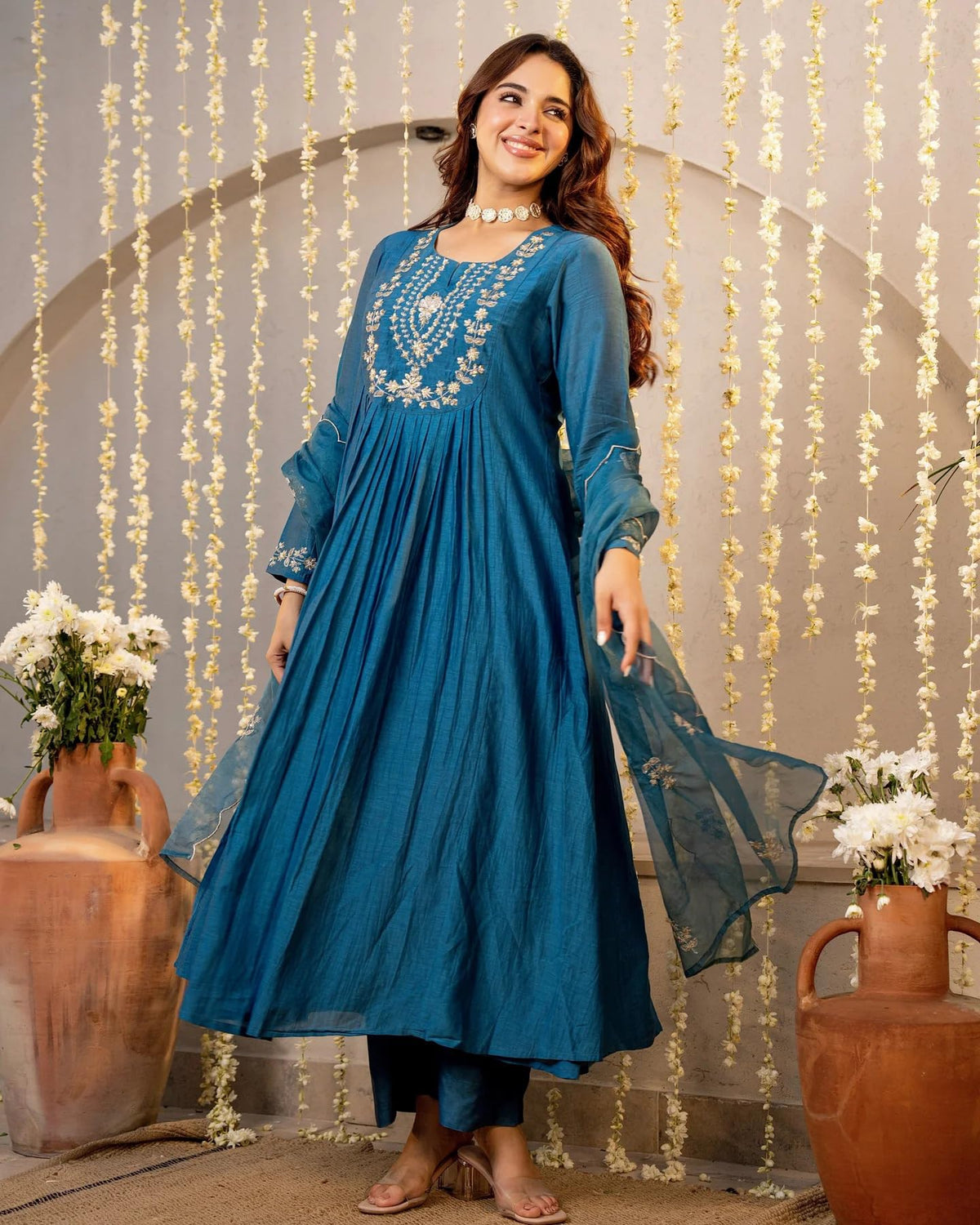 Nermosa Women Embroidery Solid A-Line Kurta and Pant Set with Dupatta (IN, Alpha, XL, Morepeach)
