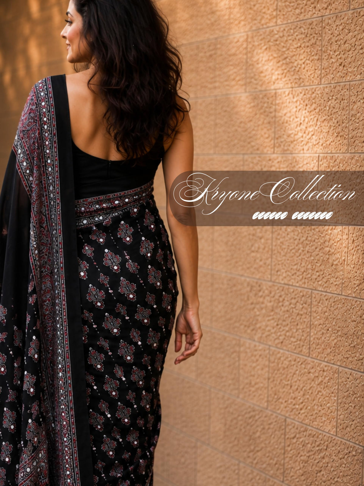 Kryone Collection Ajrakh Modal Silk Saree for Women | Mirror Work Black Saree | Gajji Silk Red Pallu Tassels | Designer Sarees for Women Party | Ajrakh Print Saree | Modal Silk Sarees Original