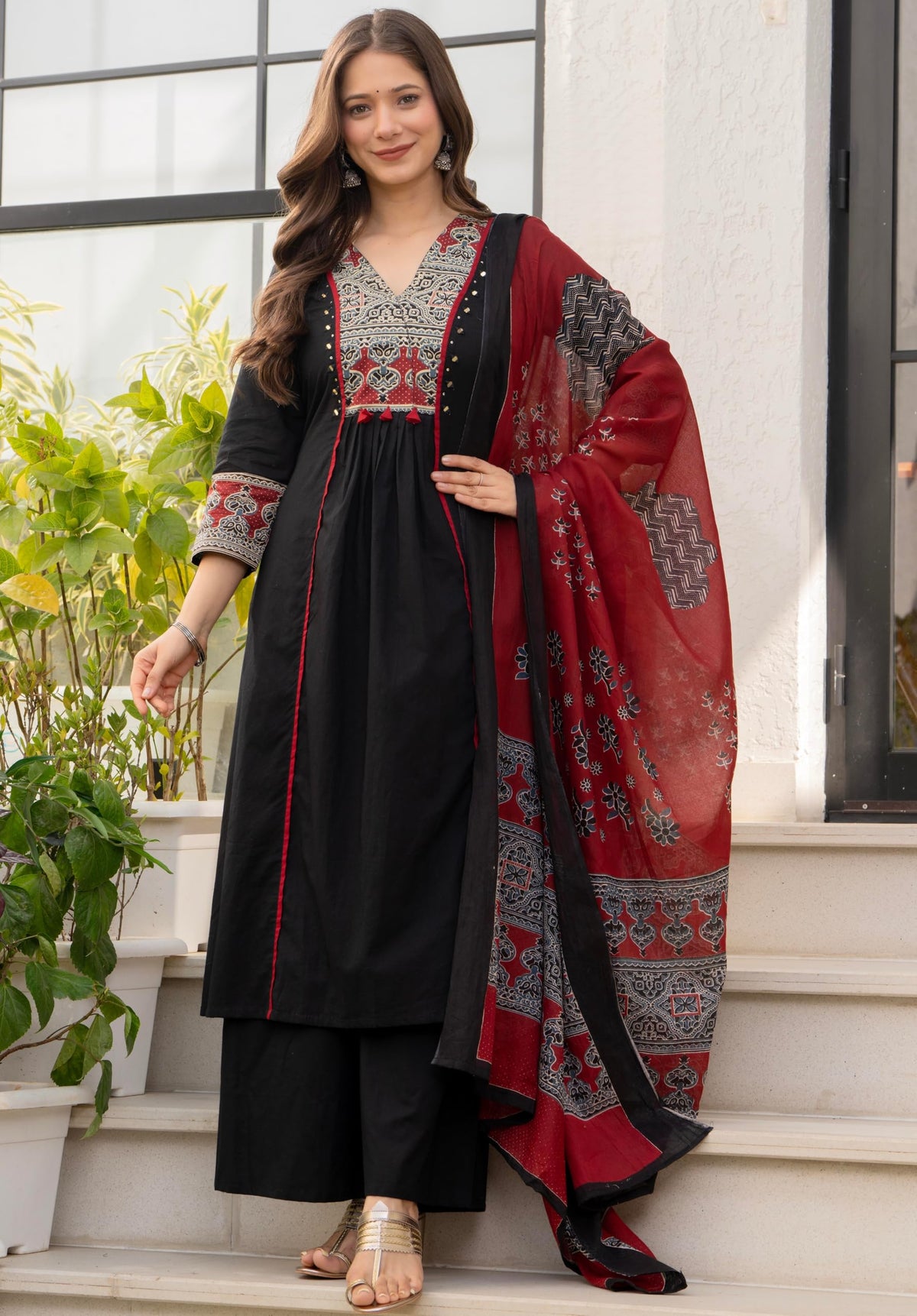 Amayra Women's Pure Cotton A-Line Kurta Set with Palazzo Pants & Dupatta|Ethnic wear|Kurti Suit Set for Women(TCK728,Black,XL)