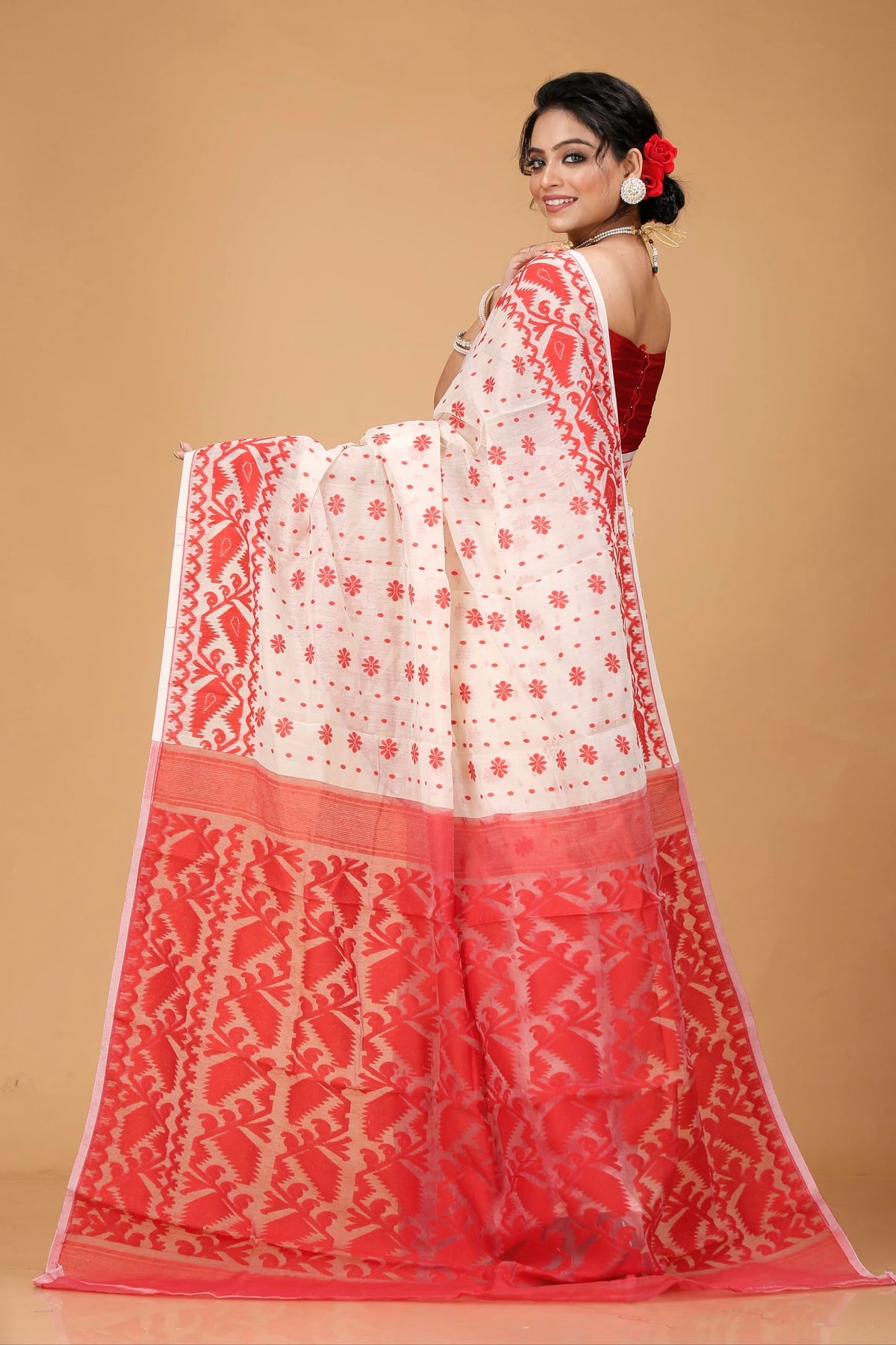 OISHANI SAREE GHOR Women's Traditional Bengal Cotton Silk Soft Jamdani Saree - Beautiful design and Quality - Without Blouse Piece (White & Red)
