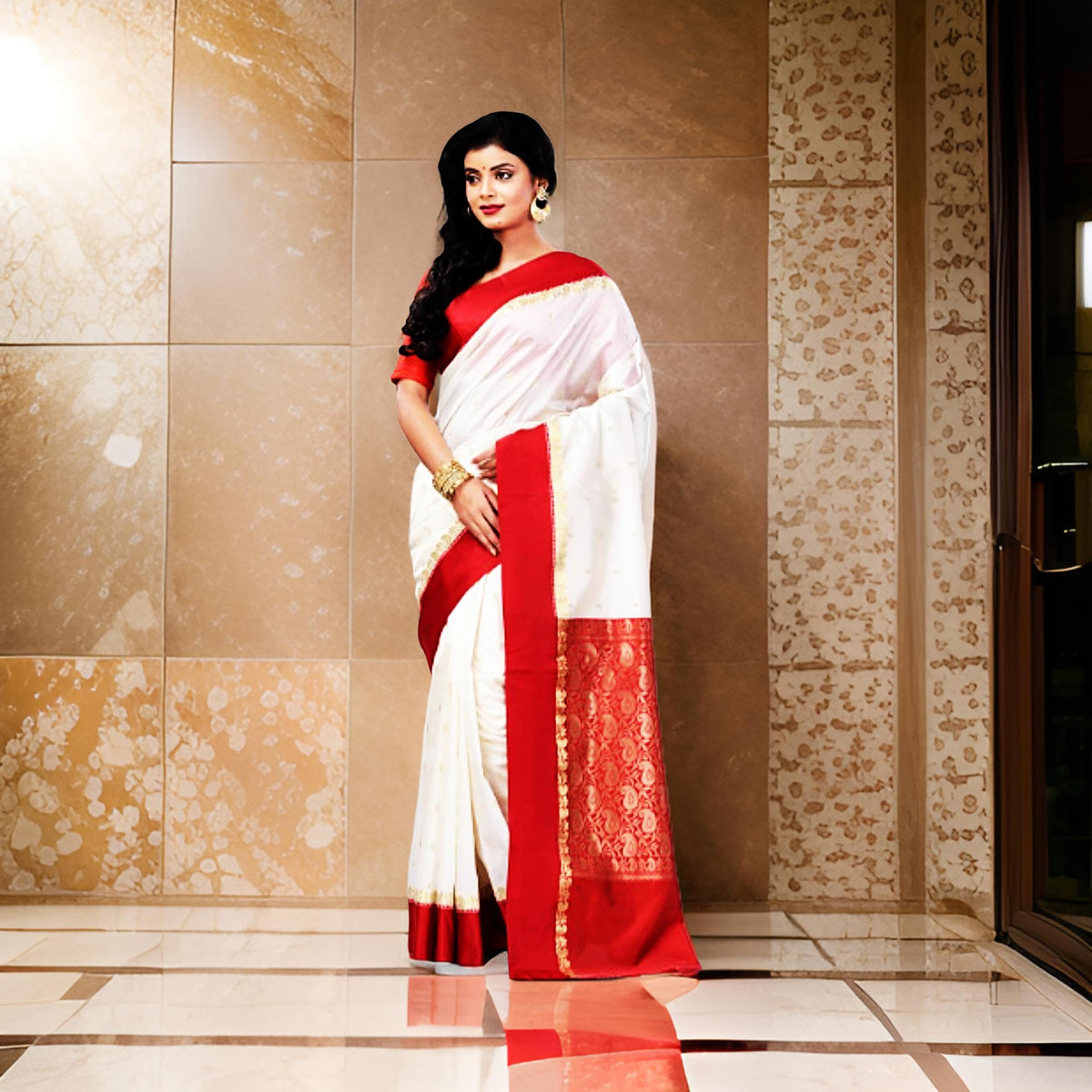 Traditional Bengali Gorod Sarees for Women Red and White Durga Puja Garad Silk Kanjivaram Goroder Lal Paar Sada Border Handloom Sari Latest Banarasi Soft lichi Handmade Zari Buti Sadi Blouse Piece