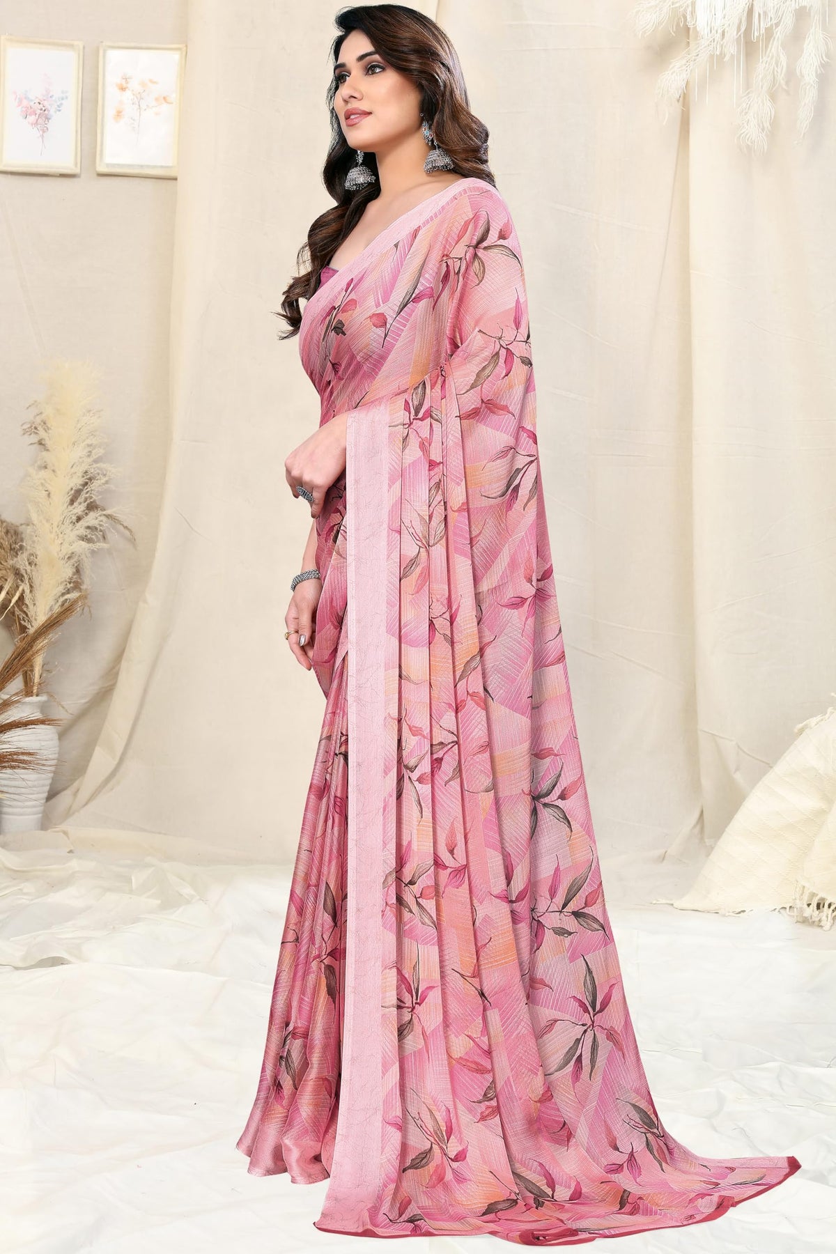 MIRCHI FASHION Chiffon Georgette Floral Printed Sarees for Women with Blouse Piece (40771-Peach)