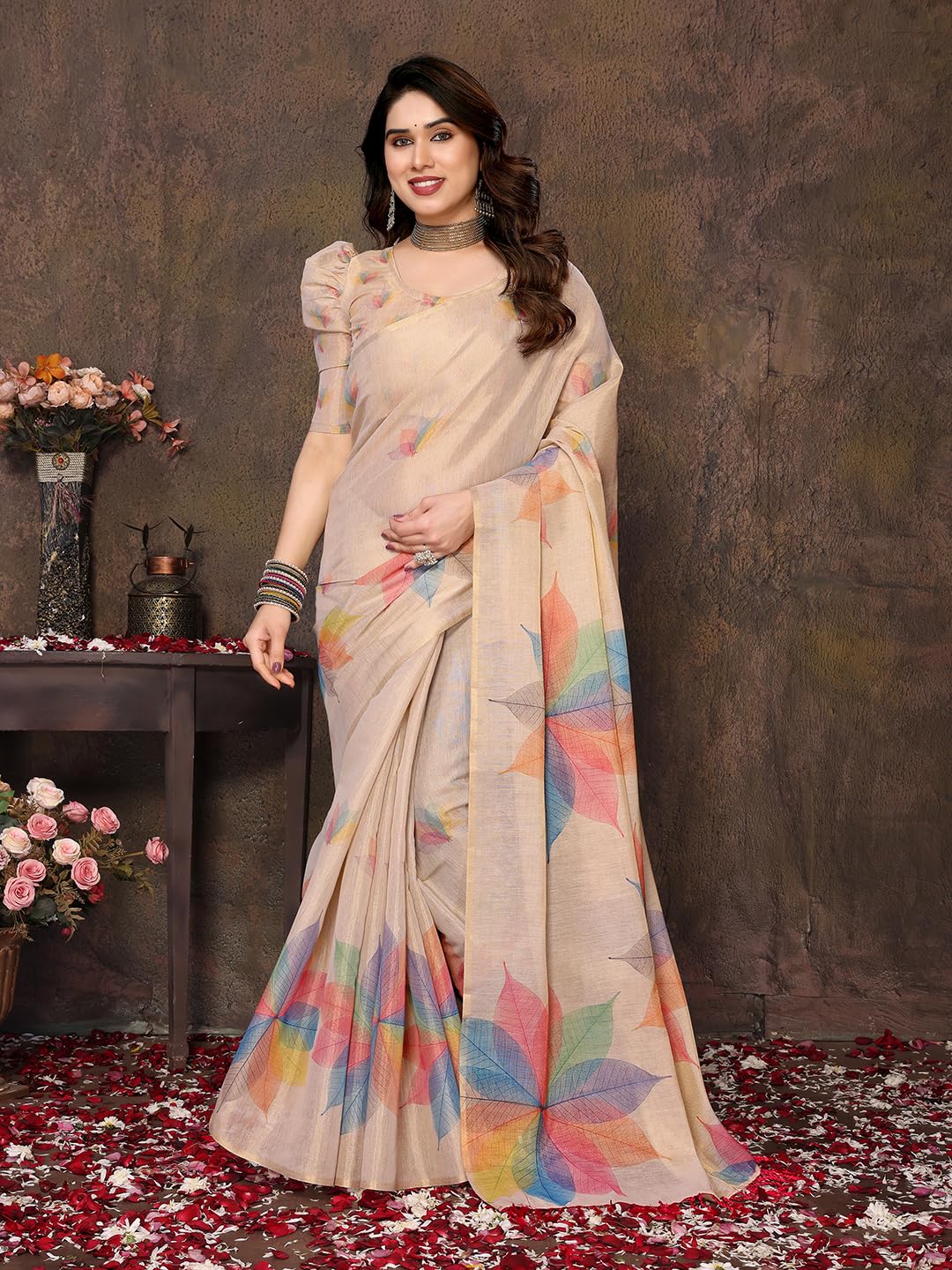 Yashika Women's Floral Digital Print Chandheri Saree with Unstitched Blouse Material_AZ-YS-P1-SASIKALA WHITE