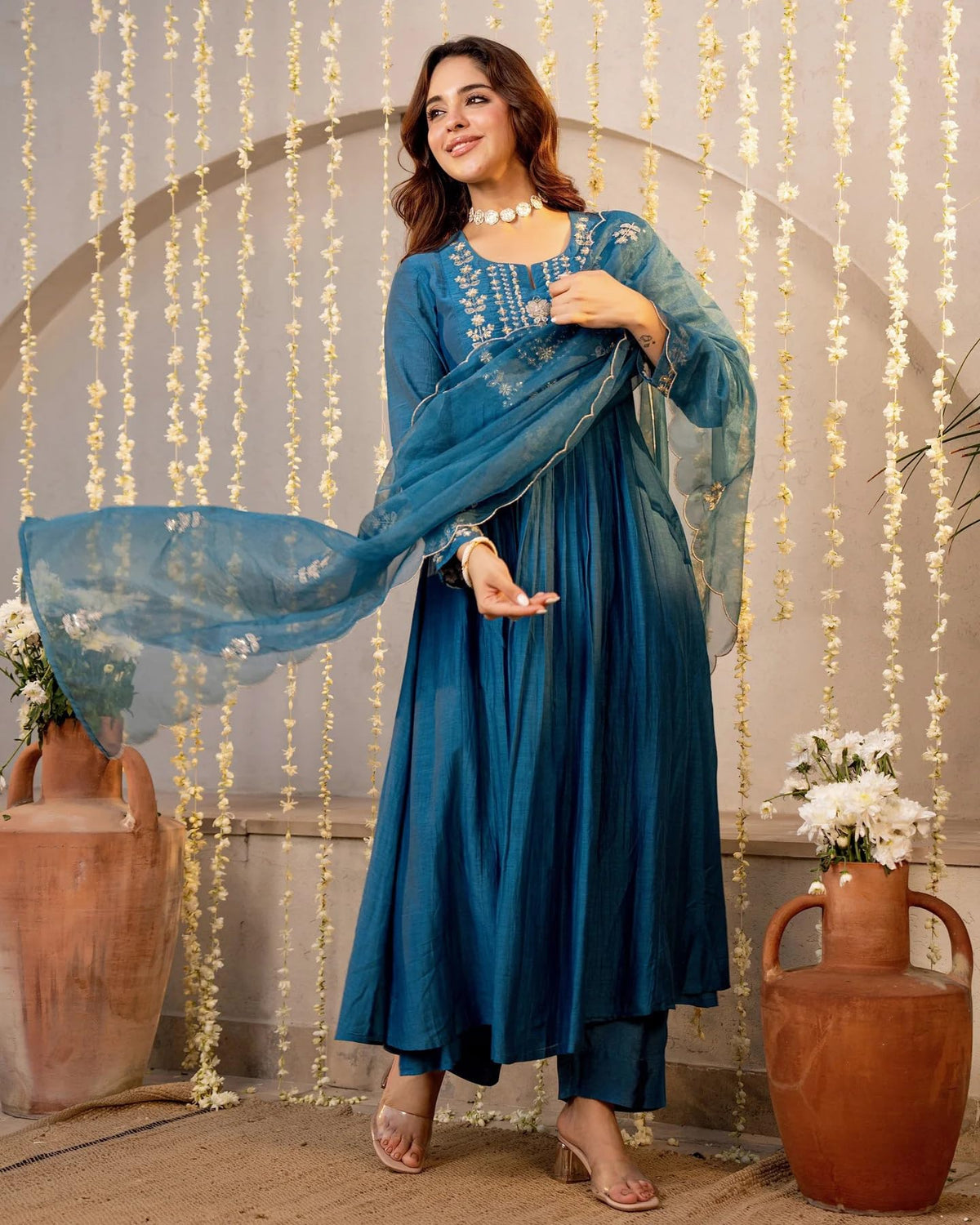 Nermosa Women Embroidery Solid A-Line Kurta and Pant Set with Dupatta (IN, Alpha, XL, Morepeach)