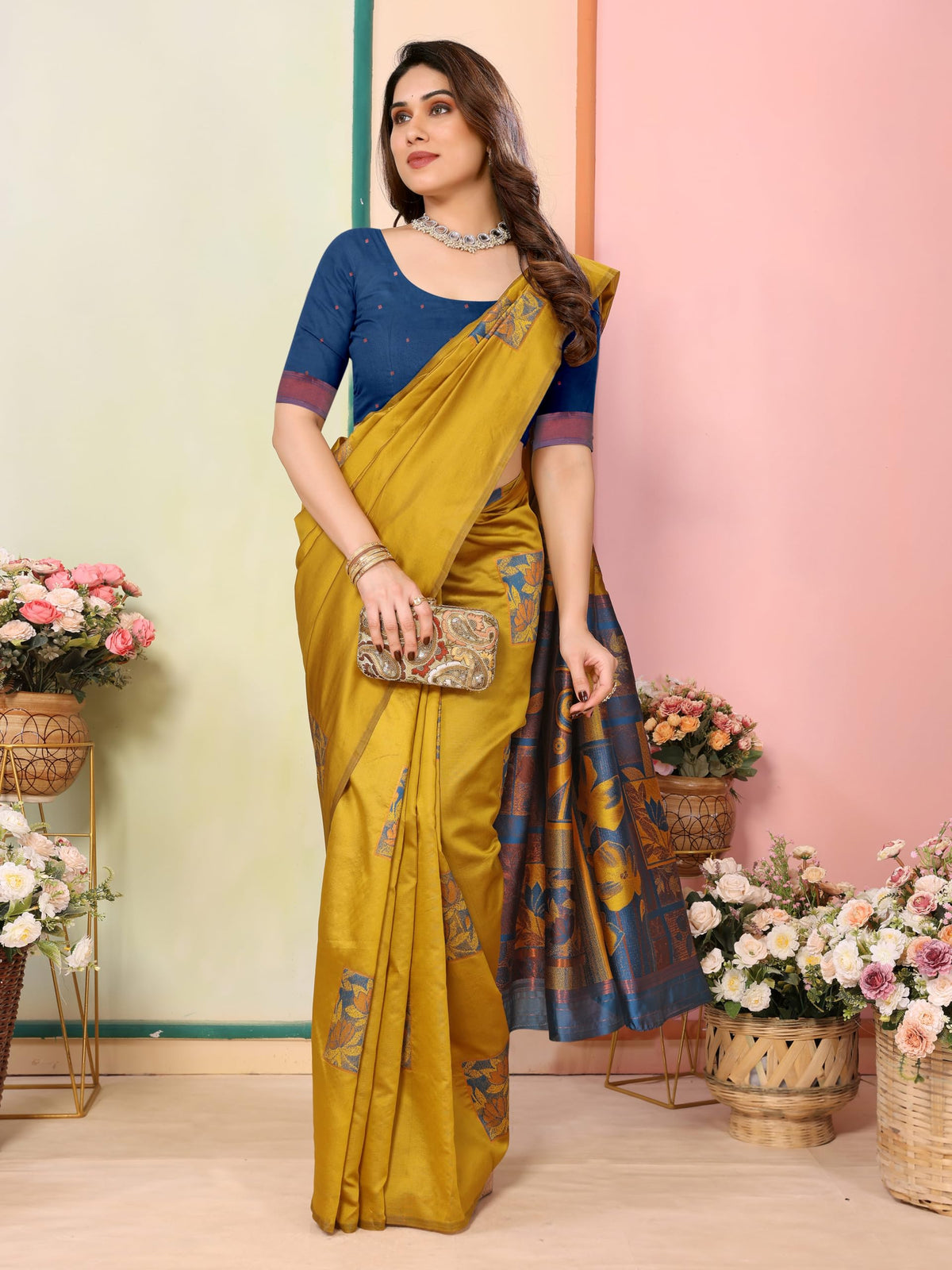 Sidhidata Women's Kanjivaram Banarasi Soft Silk Saree With Unstitched Blouse Piece (Silk Box Flower Mustard_Mustard_Free Size)