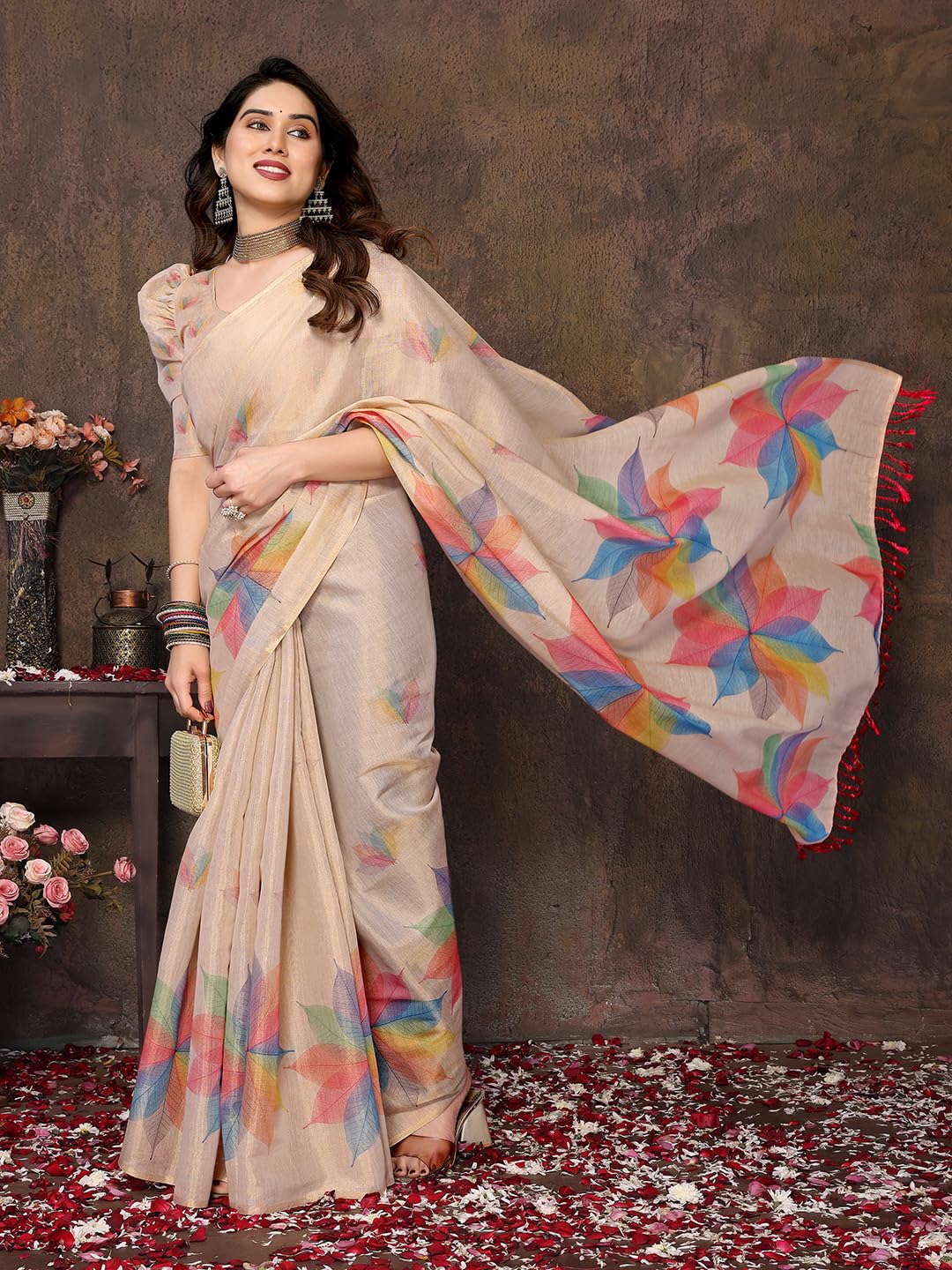 Yashika Women's Floral Digital Print Chandheri Saree with Unstitched Blouse Material_AZ-YS-P1-SASIKALA WHITE