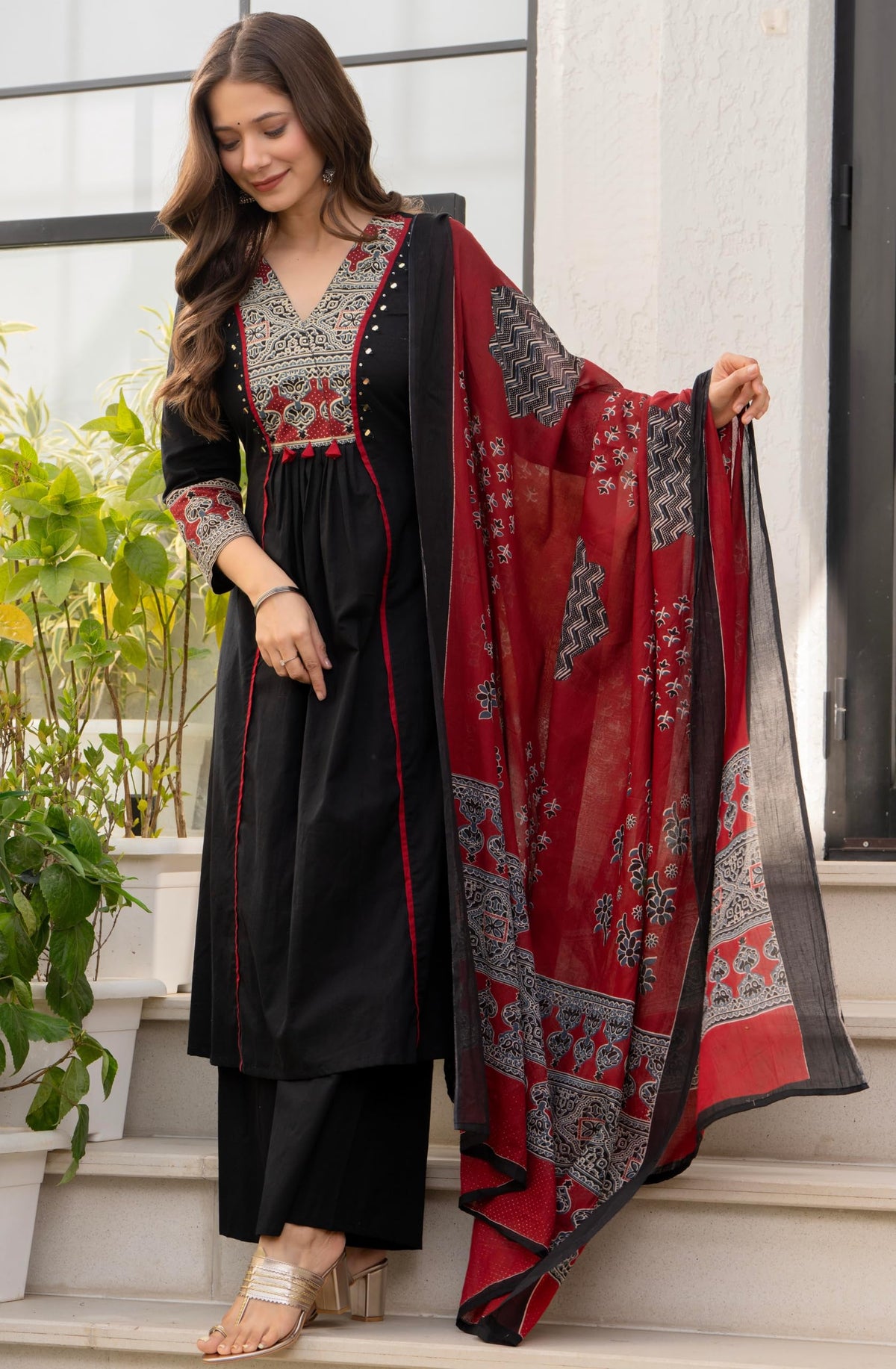 Amayra Women's Pure Cotton A-Line Kurta Set with Palazzo Pants & Dupatta|Ethnic wear|Kurti Suit Set for Women(TCK728,Black,XL)