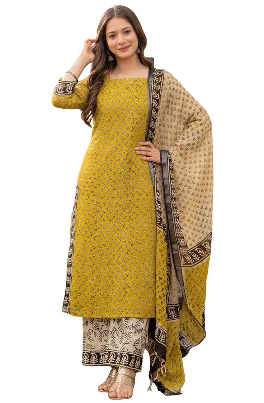 Amayra Women's Pure Cotton Straight Kurta Set with Palazzo Pants & Dupatta|Ethnic wear|Kurta Set for Women(TCK737-N,Yellow,XXL)