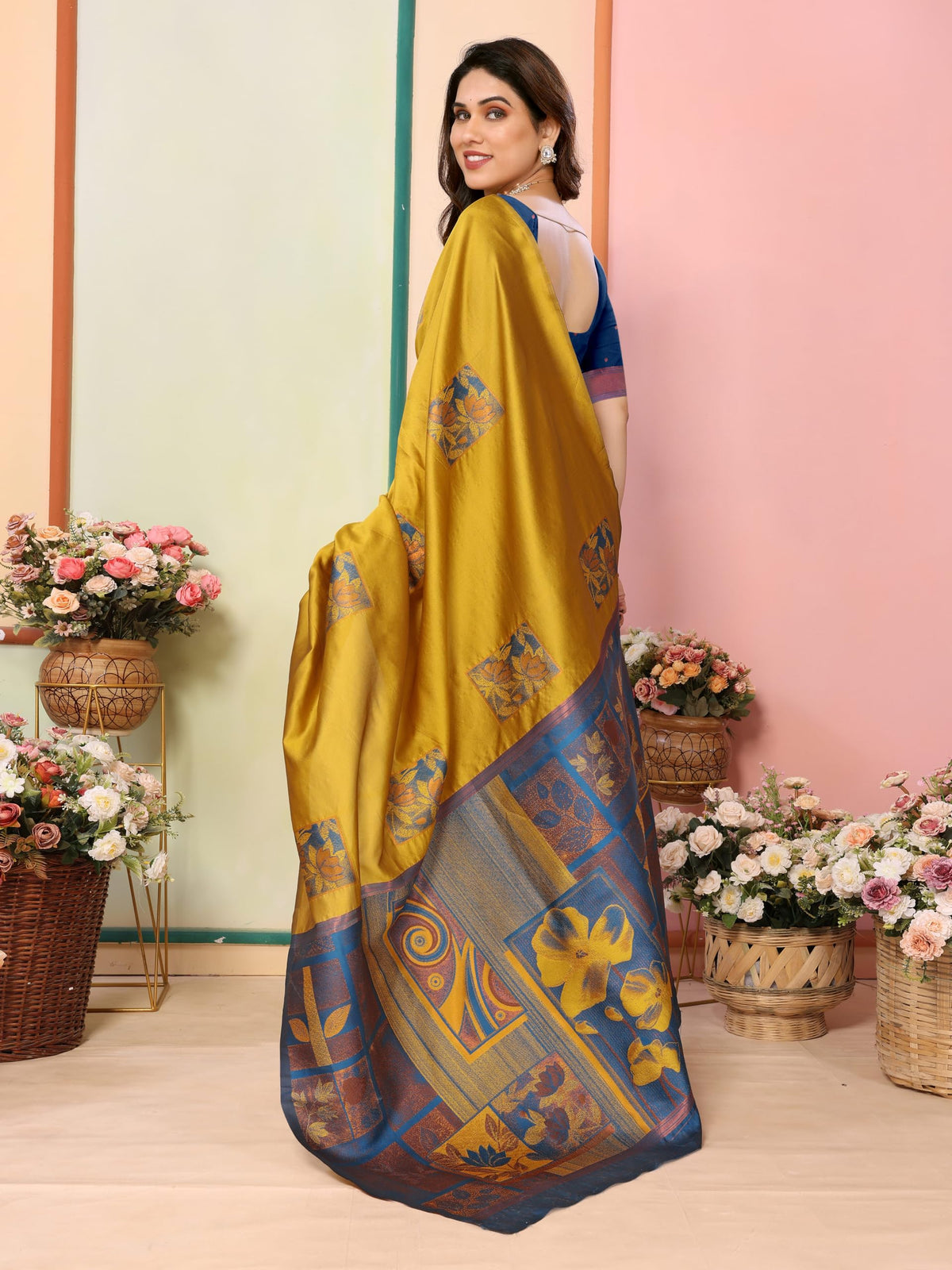 Sidhidata Women's Kanjivaram Banarasi Soft Silk Saree With Unstitched Blouse Piece (Silk Box Flower Mustard_Mustard_Free Size)