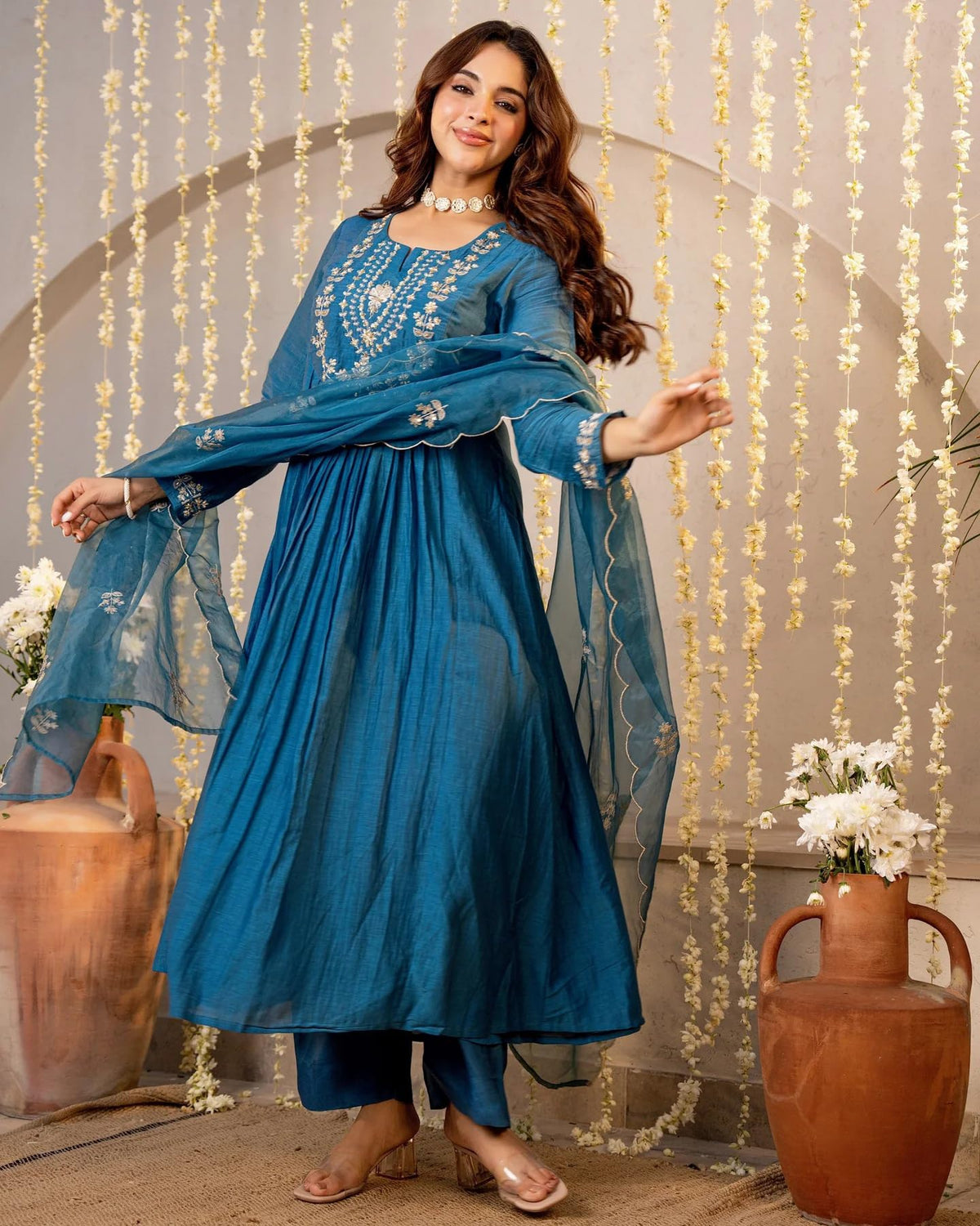 Nermosa Women Embroidery Solid A-Line Kurta and Pant Set with Dupatta (IN, Alpha, XL, Morepeach)
