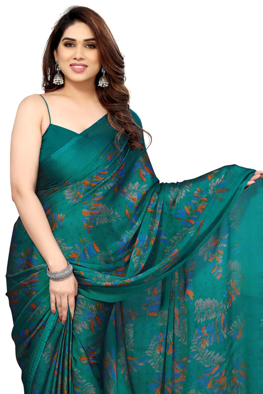 MIRCHI FASHION Chiffon Georgette Floral Print ed Sarees for Women with Blouse Piece (39195A - Turquoise, Orange)