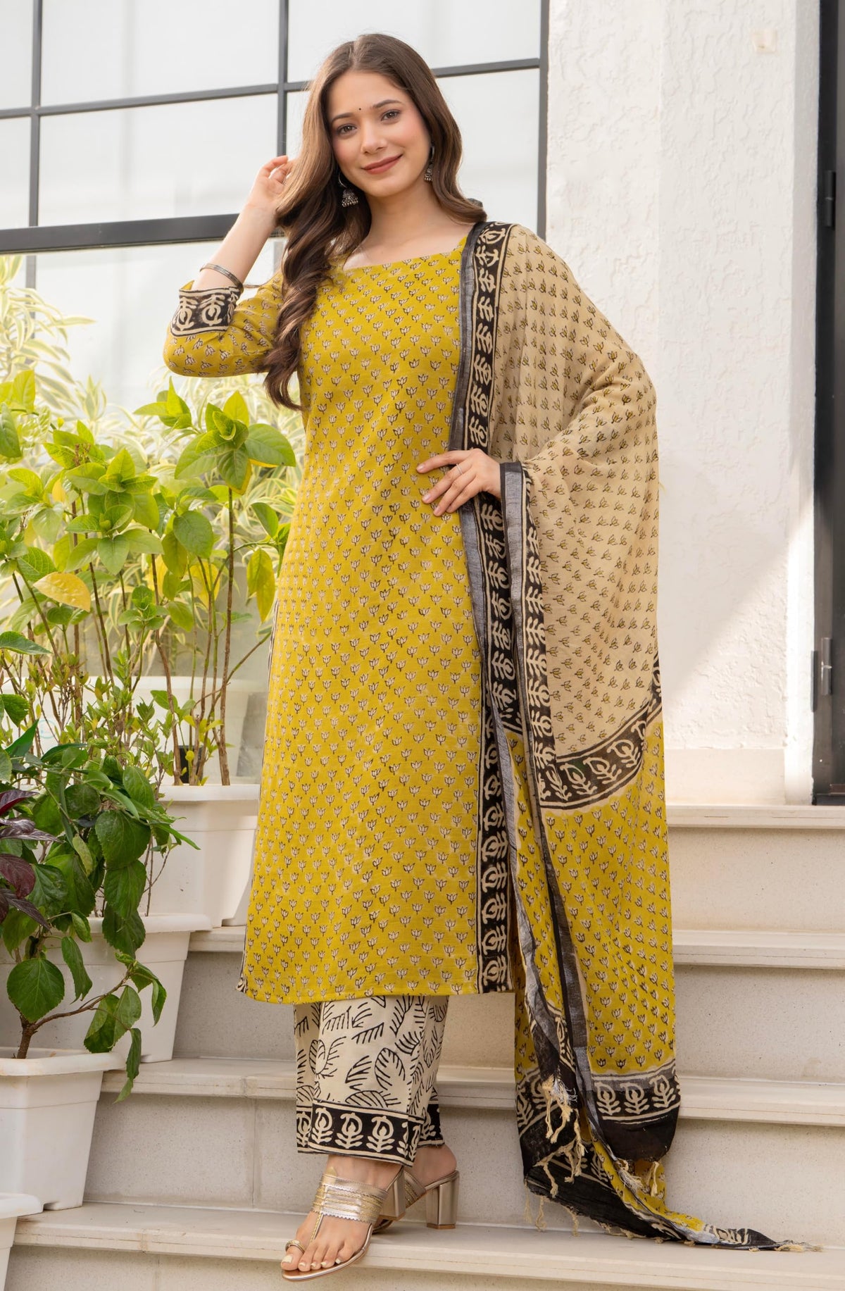Amayra Women's Pure Cotton Straight Kurta Set with Palazzo Pants & Dupatta|Ethnic wear|Kurta Set for Women(TCK737-N,Yellow,XXL)