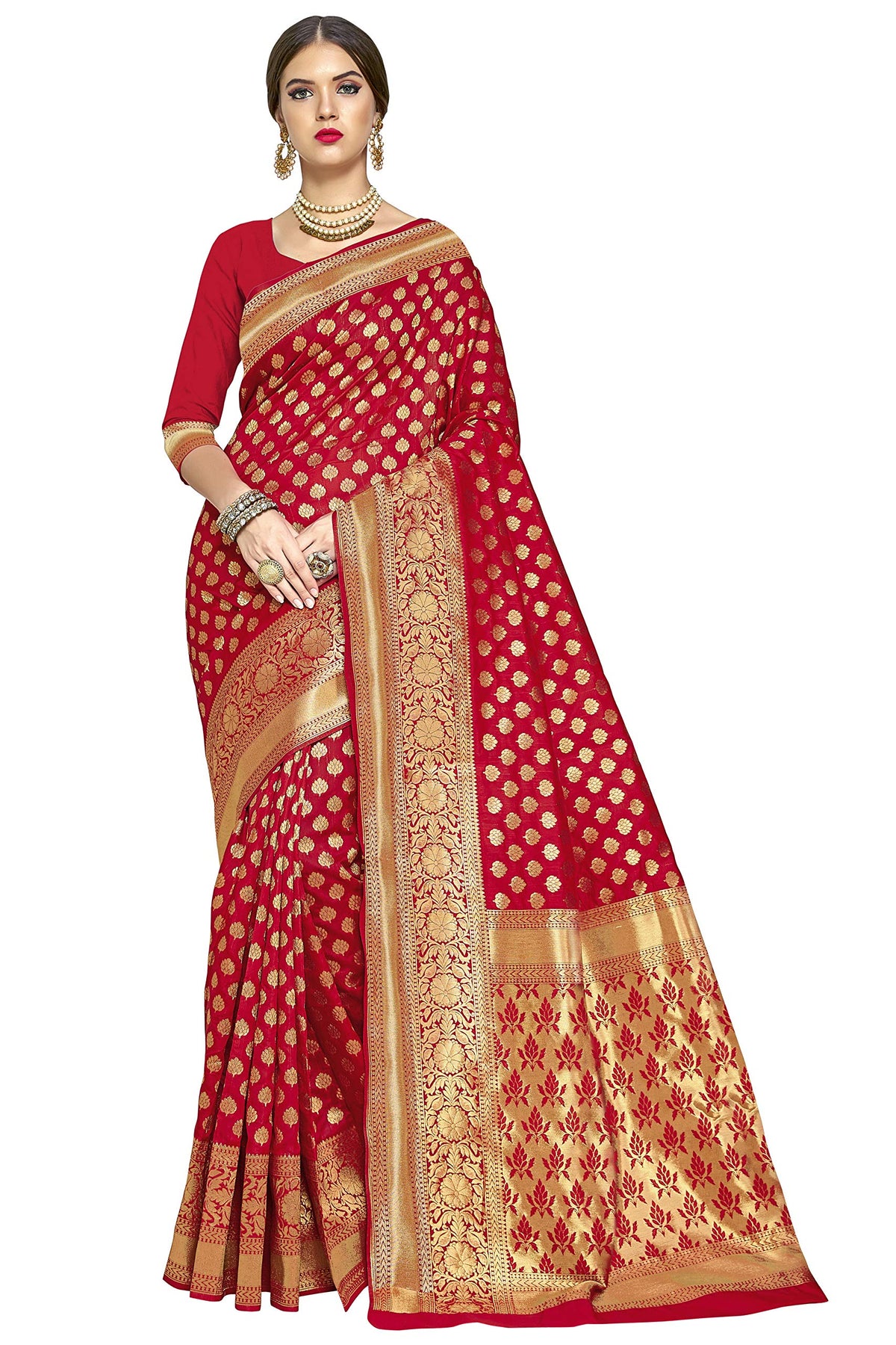 Glory Sarees Women's Woven Pure Soft Kanjivaram Silk Saree Banarasi Style With Blouse Piece for Wedding (kara115red_Red)