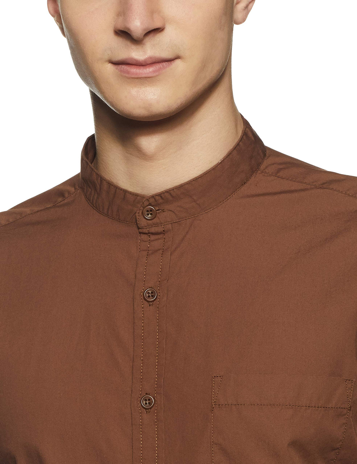 Amazon Brand - Symbol Men's Cotton Shirt | Chinese Collar | Casual | Plain | Full Sleeve | Summer - Regular Fit (Available In Plus Size, Brown_M)